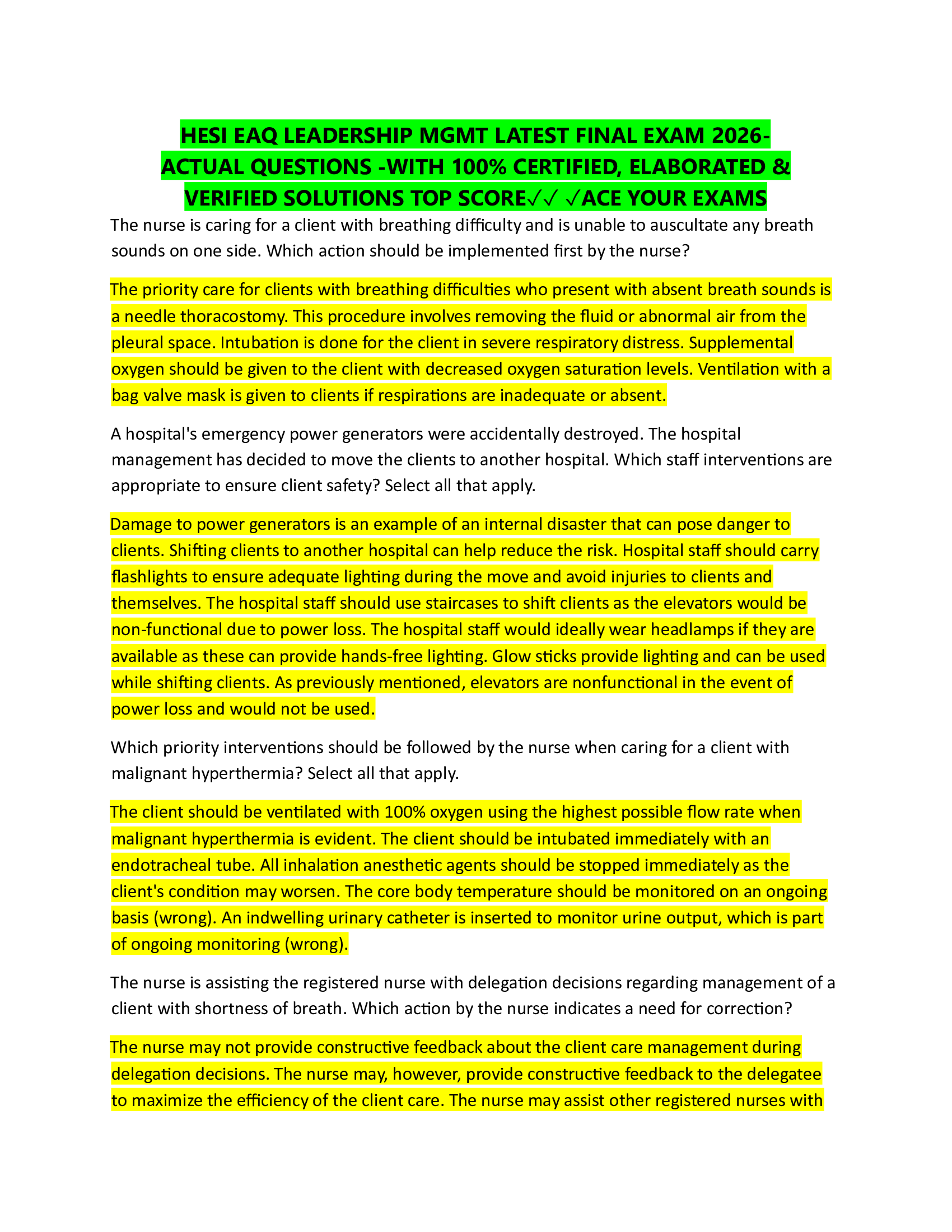 HESI EAQ LEADERSHIP MGMT LATEST FINAL EXAM 2026-   ACTUAL QUESTIONS -WITH 100% CERTIFIED, ELABORATED &   VERIFIED SOLUTIONS TOP SCORE✓✓ ✓ACE YOUR EXAMS
