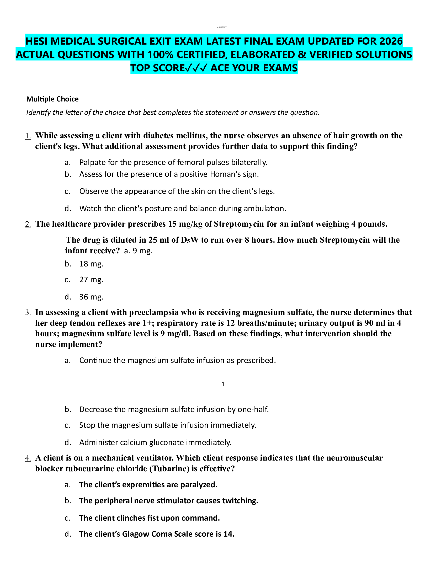 HESI MEDICAL SURGICAL EXIT EXAM LATEST FINAL EXAM UPDATED FOR 2026  ACTUAL QUESTIONS WITH 100% CERTIFIED, ELABORATED & VERIFIED SOLUTIONS  TOP SCORE✓✓✓ ACE YOUR EXAMS