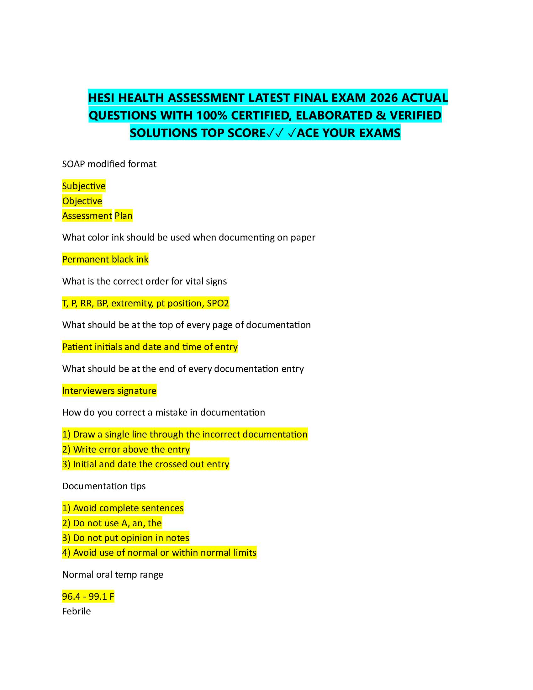 HESI HEALTH ASSESSMENT LATEST FINAL EXAM 2026 ACTUAL  QUESTIONS WITH 100% CERTIFIED, ELABORATED & VERIFIED  SOLUTIONS TOP SCORE✓✓ ✓ACE YOUR EXAMS