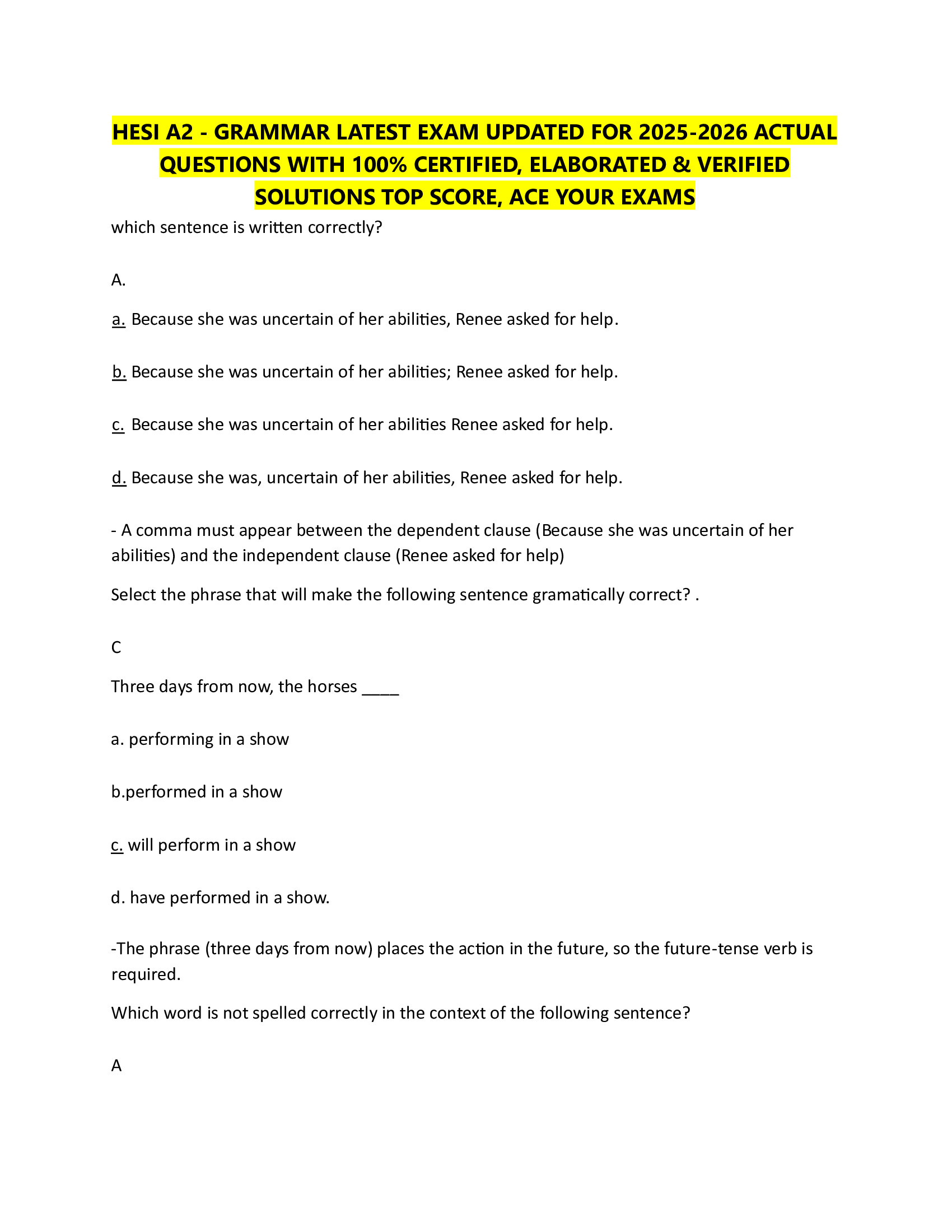 HESI A2 - GRAMMAR LATEST EXAM UPDATED FOR 2026-2026 ACTUAL  QUESTIONS WITH 100% CERTIFIED, ELABORATED & VERIFIED  SOLUTIONS TOP SCORE, ACE YOUR EXAMS