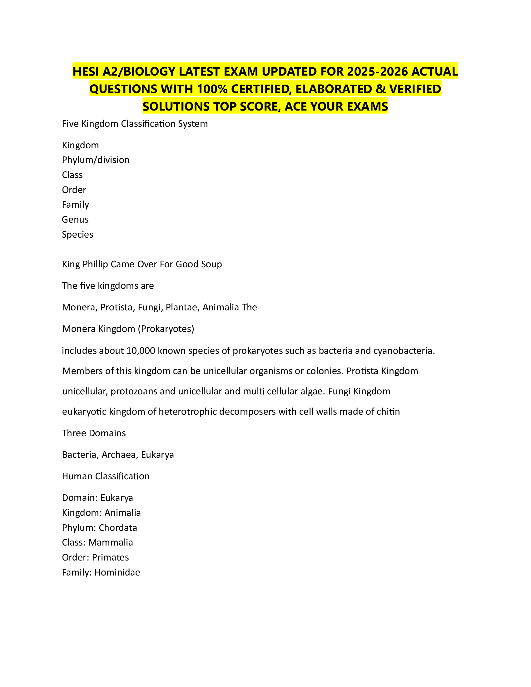 HESI A2/BIOLOGY LATEST EXAM UPDATED FOR 2026-2026 ACTUAL  QUESTIONS WITH 100% CERTIFIED, ELABORATED & VERIFIED  SOLUTIONS TOP SCORE, ACE YOUR EXAMS