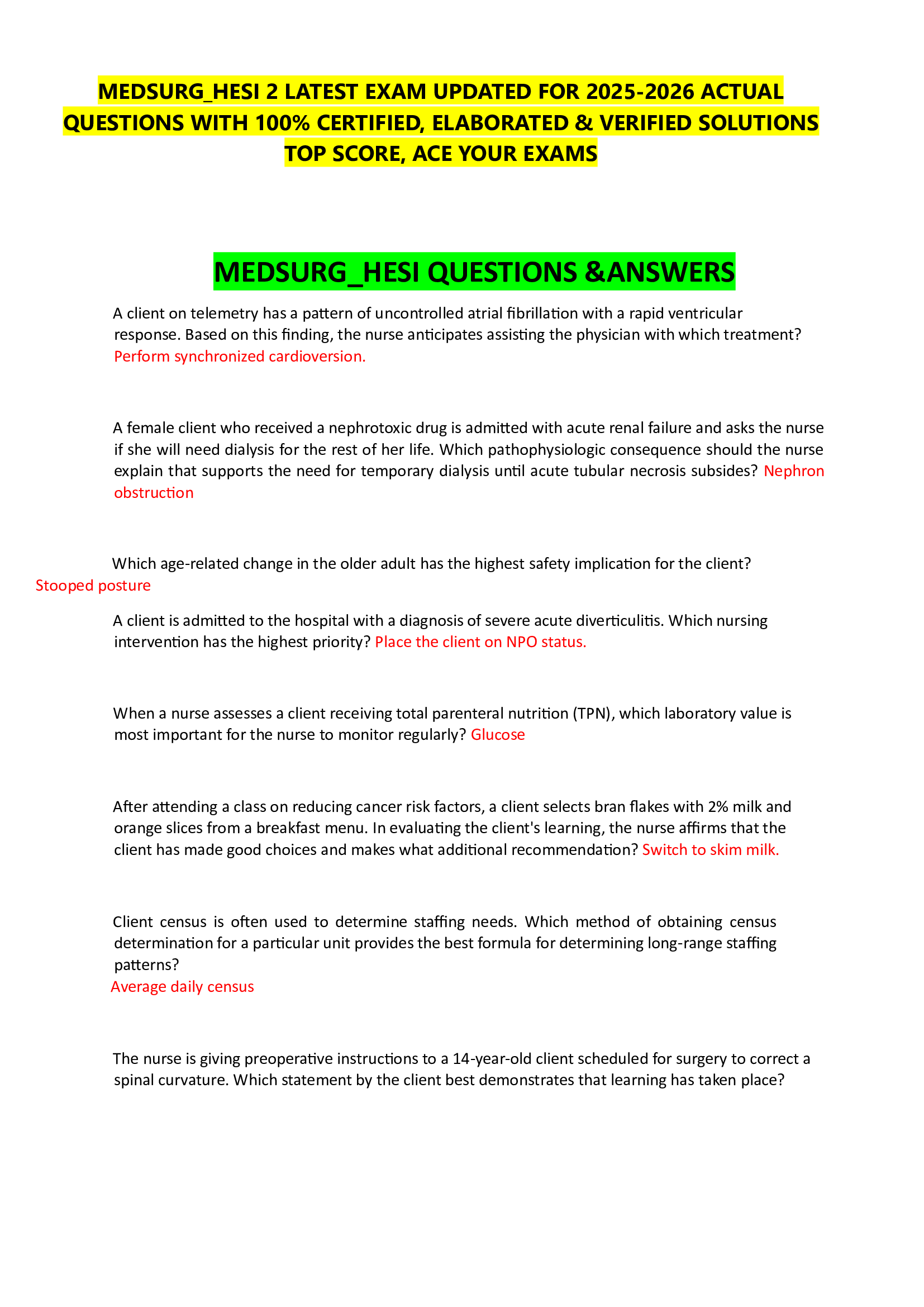 MEDSURG_HESI 2 LATEST EXAM UPDATED FOR 2026-2026 ACTUAL  QUESTIONS WITH 100% CERTIFIED, ELABORATED & VERIFIED SOLUTIONS  TOP SCORE, ACE YOUR EXAMS