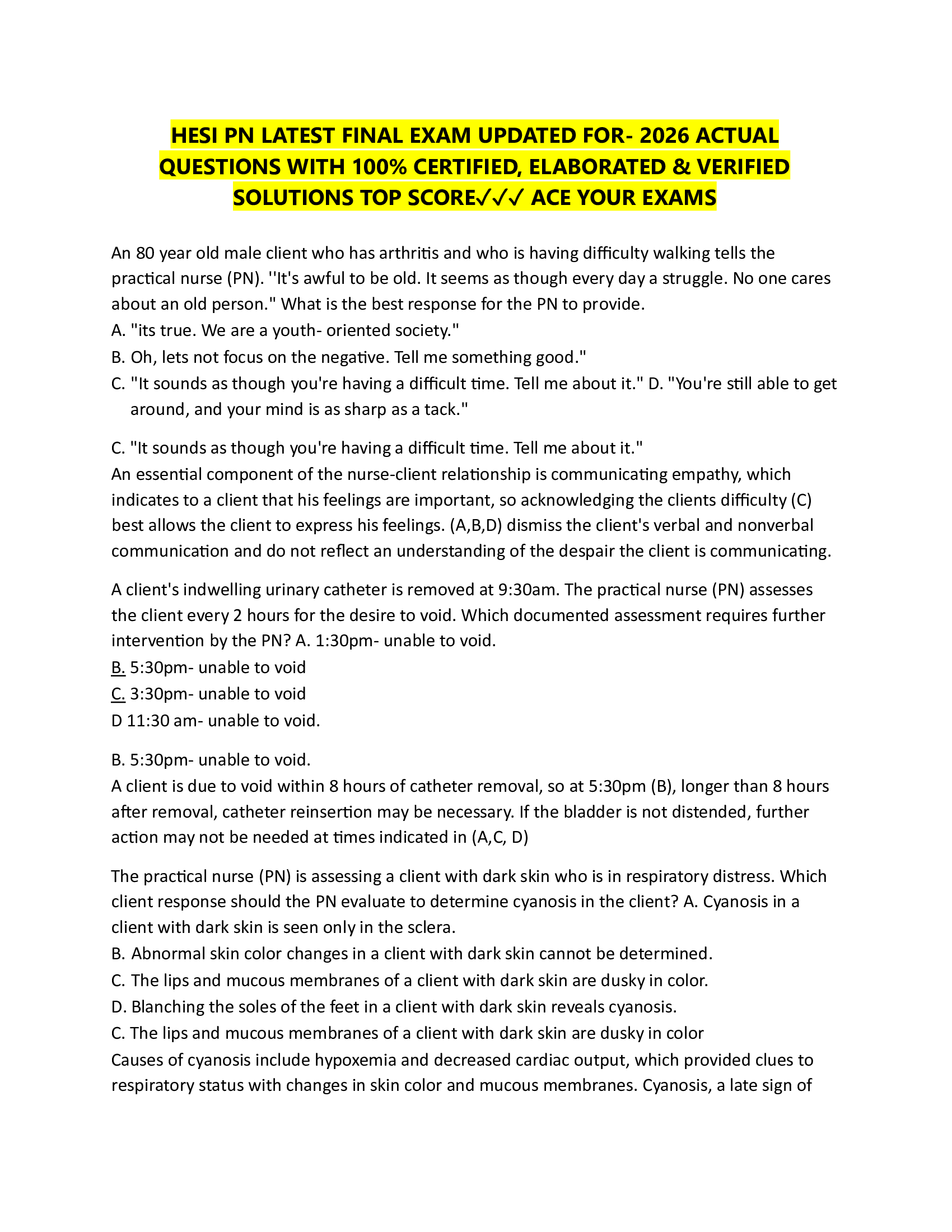 HESI PN LATEST FINAL EXAM UPDATED FOR- 2026 ACTUAL  QUESTIONS WITH 100% CERTIFIED, ELABORATED & VERIFIED  SOLUTIONS TOP SCORE✓✓✓ ACE YOUR EXAMS