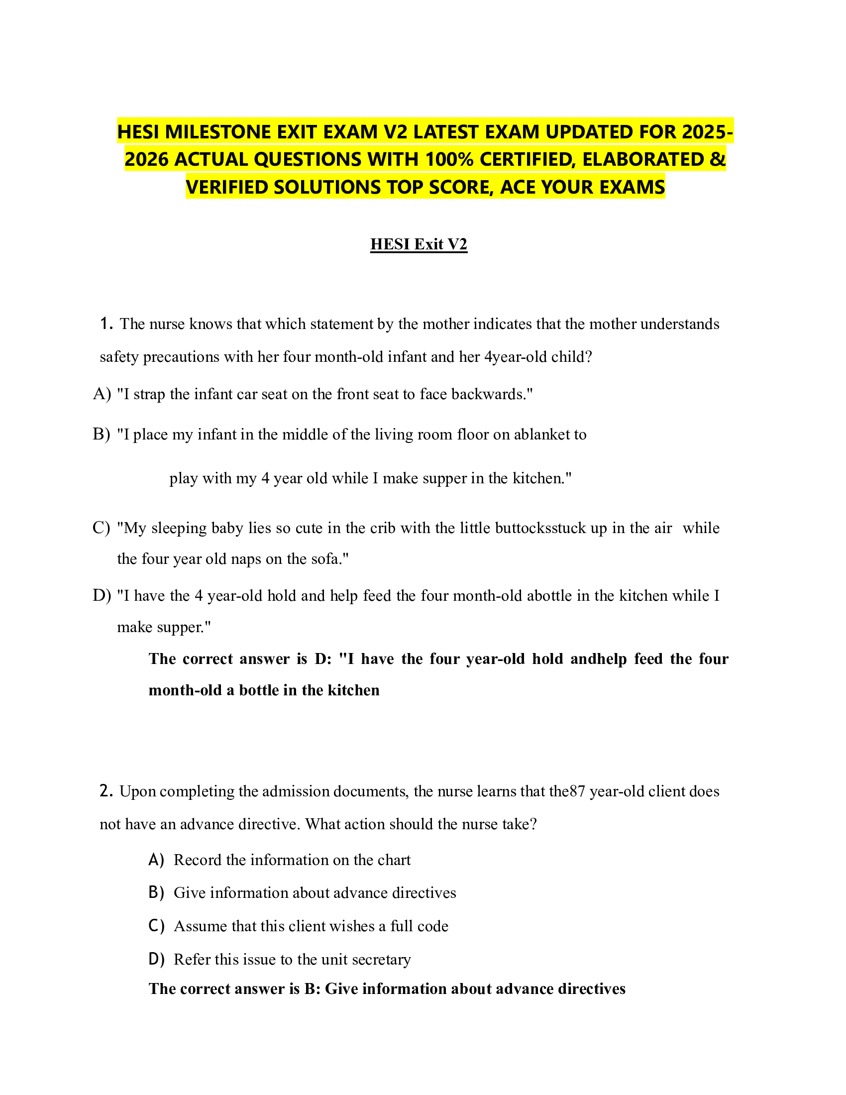 HESI MILESTONE EXIT EXAM V2 LATEST EXAM UPDATED FOR 2026 2026 ACTUAL QUESTIONS WITH 100% CERTIFIED, ELABORATED &  VERIFIED SOLUTIONS TOP SCORE, ACE YOUR EXAMS