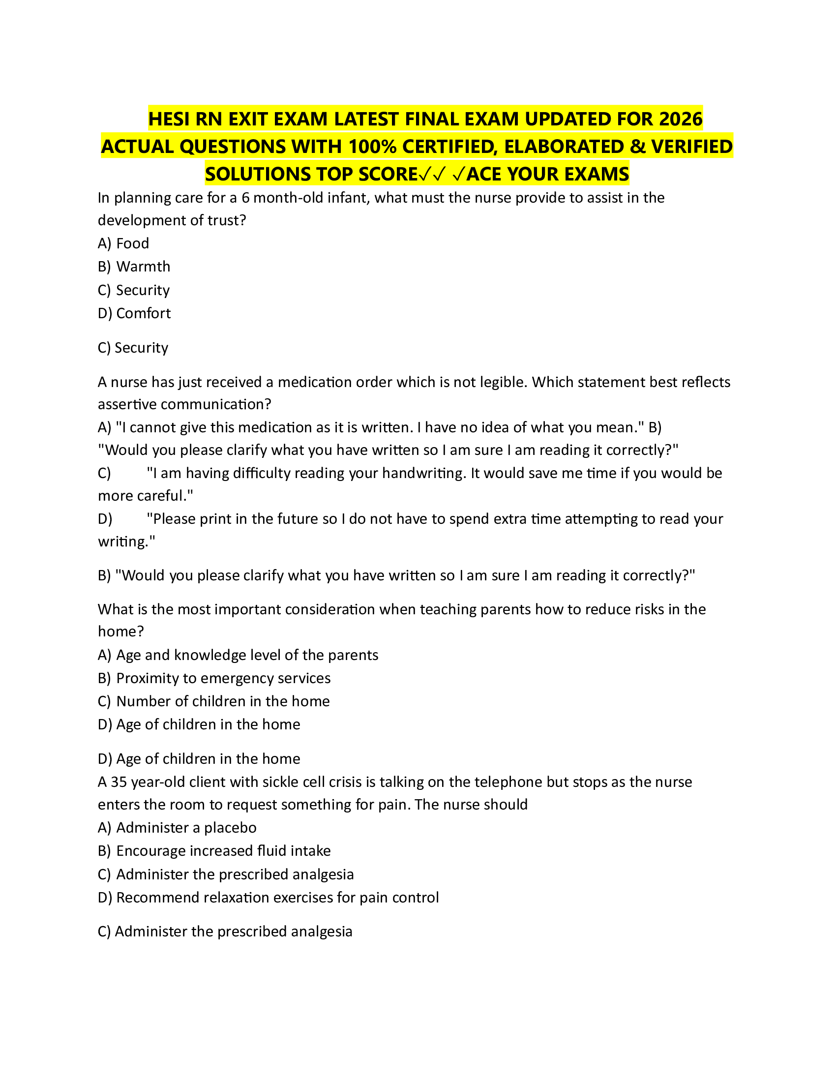HESI RN EXIT EXAM LATEST FINAL EXAM UPDATED FOR 2026  ACTUAL QUESTIONS WITH 100% CERTIFIED, ELABORATED & VERIFIED  SOLUTIONS TOP SCORE✓✓ ✓ACE YOUR EXAMS