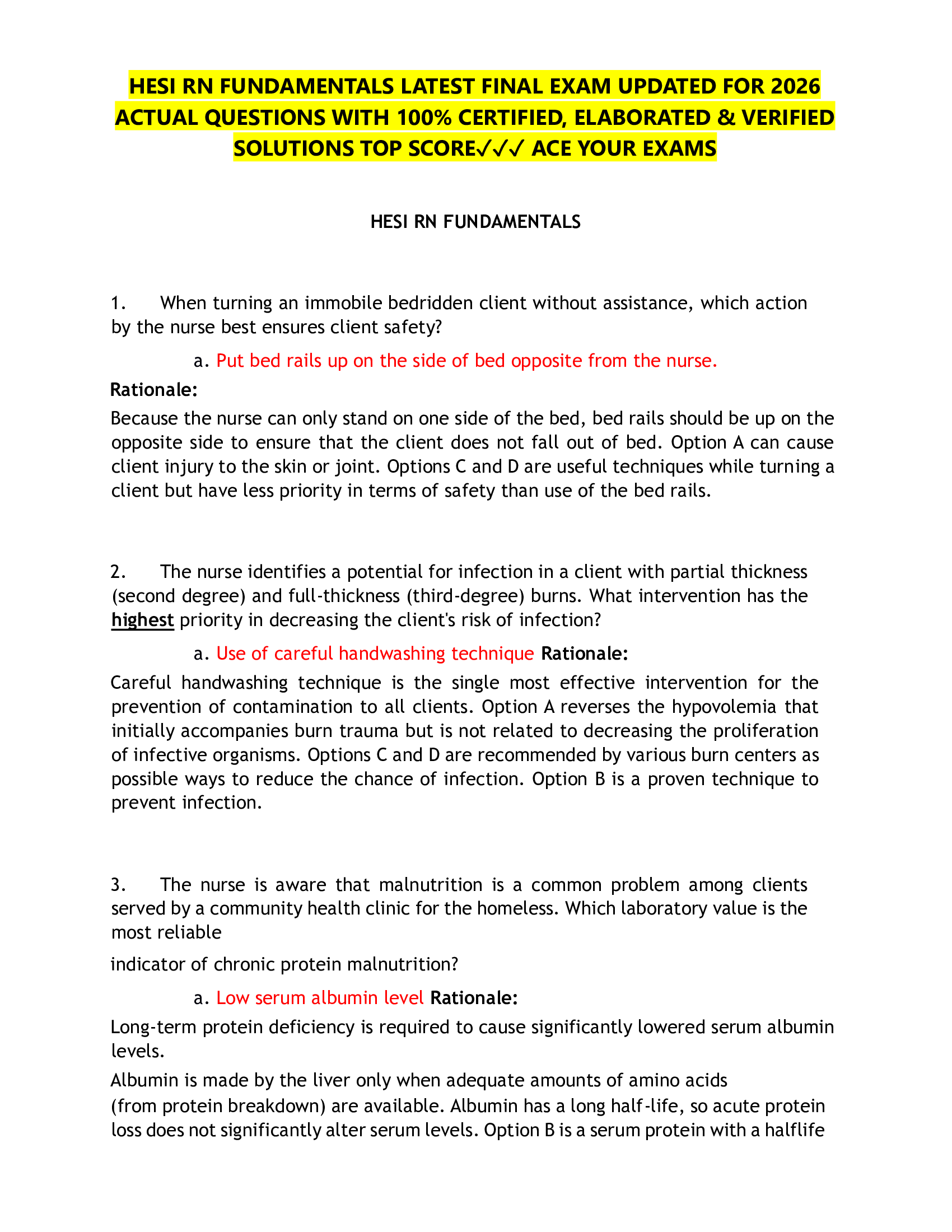 HESI RN FUNDAMENTALS LATEST FINAL EXAM UPDATED FOR 2026  ACTUAL QUESTIONS WITH 100% CERTIFIED, ELABORATED & VERIFIED  SOLUTIONS TOP SCORE✓✓✓ ACE YOUR EXAMS
