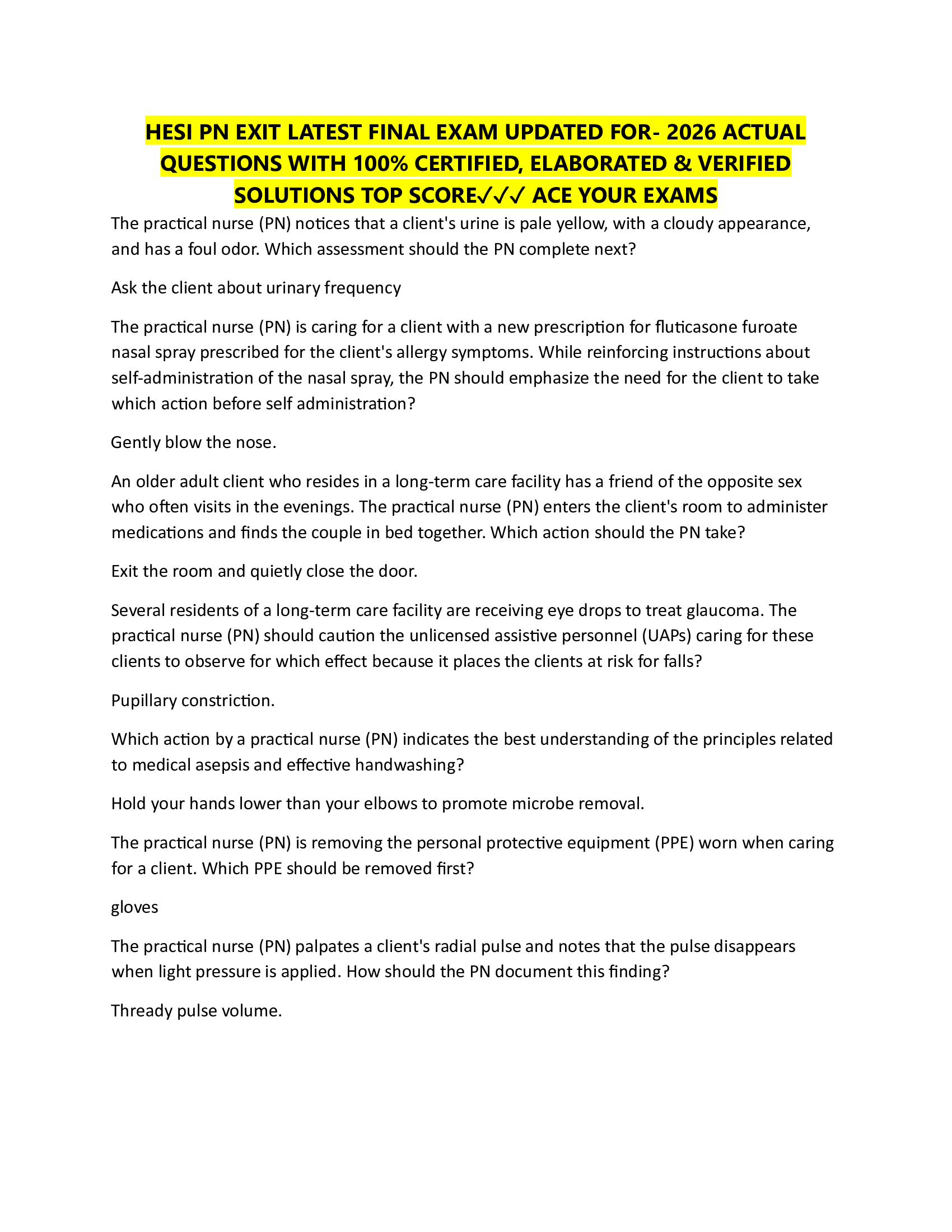 HESI PN EXIT LATEST FINAL EXAM UPDATED FOR- 2026 ACTUAL  QUESTIONS WITH 100% CERTIFIED, ELABORATED & VERIFIED  SOLUTIONS TOP SCORE✓✓✓ ACE YOUR EXAMS