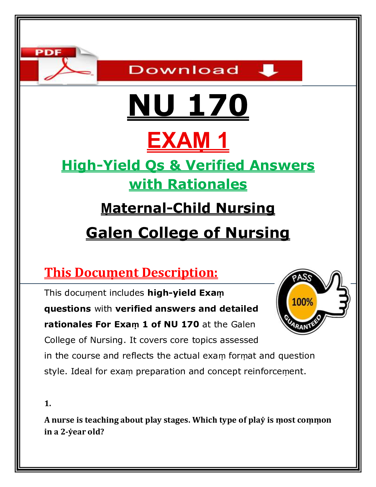 NU 170   EXAṂ 1  High-Yield Qs & Verified Answers  with Rationales   Ṃaternal-Child Nursing  Galen College of Nursing