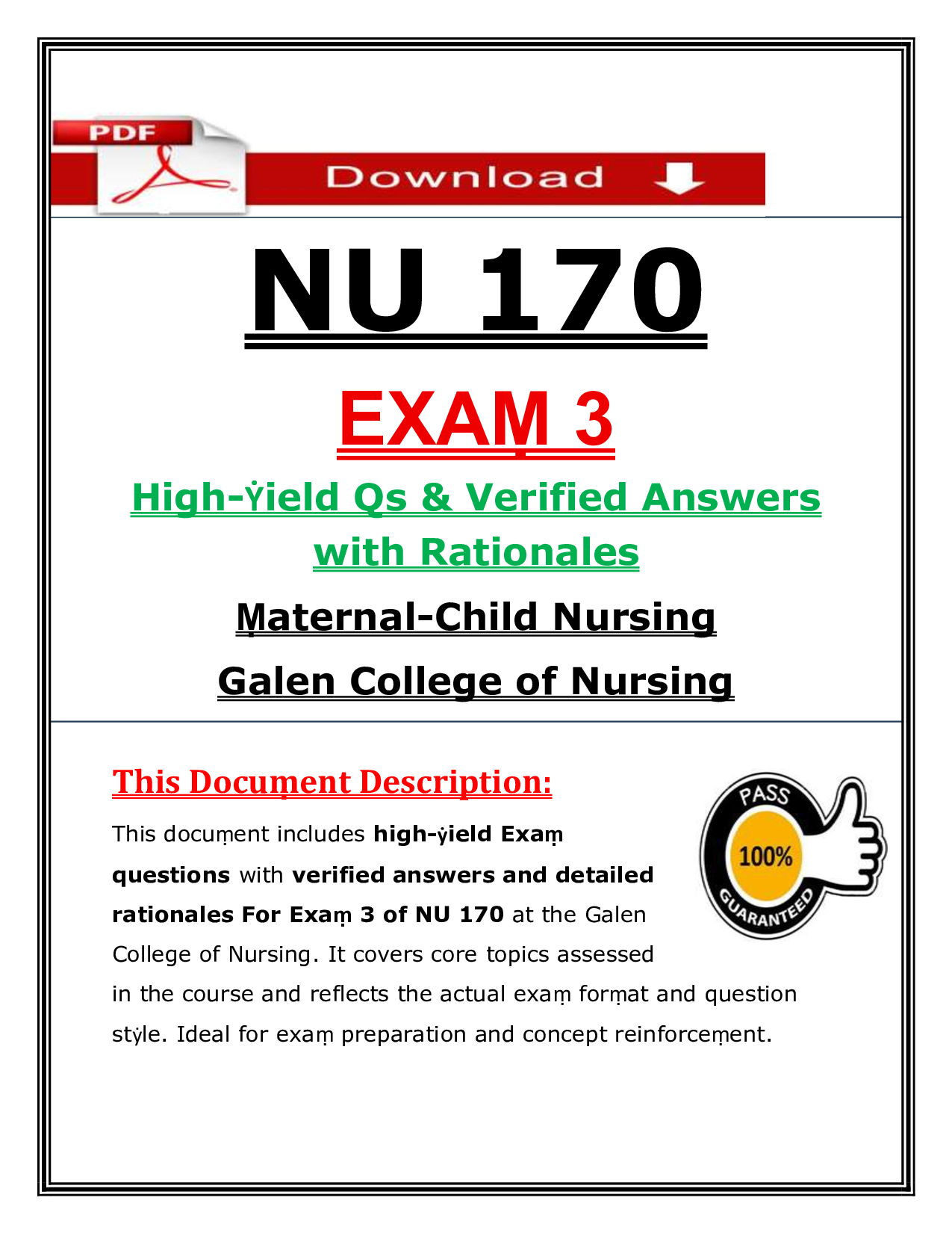 NU 170   EXAṂ 3  High-Ẏield Qs & Verified Answers  with Rationales   Ṃaternal-Child Nursing  Galen College of Nursing