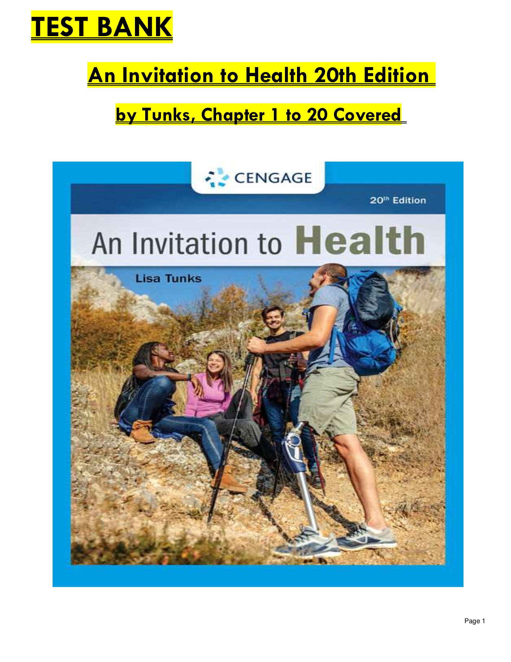 TEST BANK  An Invitation to Health 20th Edition   by Tunks, Chapter 1 to 20 Covered