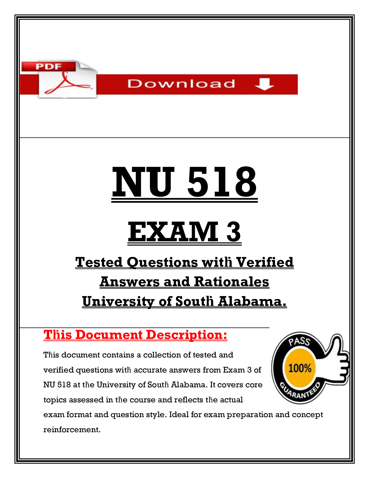 NU 518   EXAM 3  Tested Questions witḣ Verified  Answers and Rationales  University of Soutḣ Alabama.
