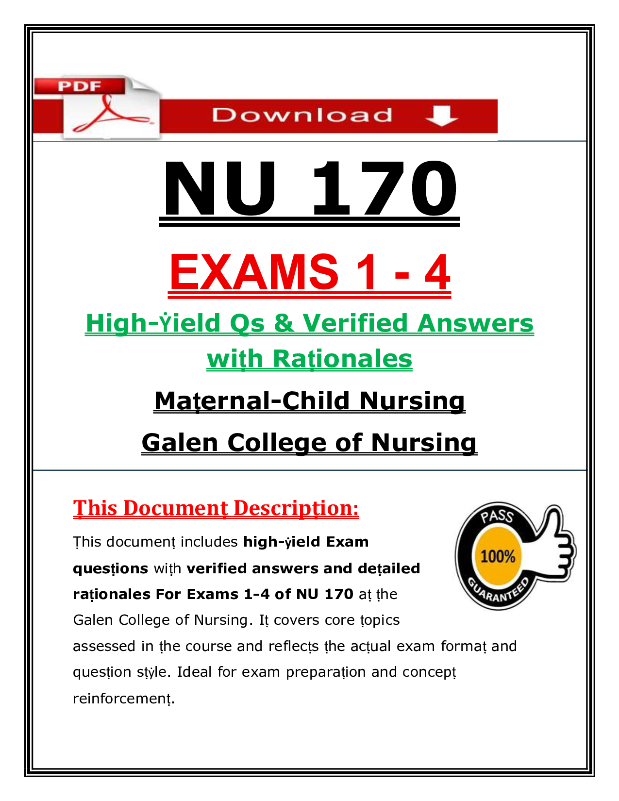 NU 170   EXAMS 1 - 4  High-Ẏield Qs & Verified Answers  wiṭh Raṭionales   Maṭernal-Child Nursing  Galen College of Nursing