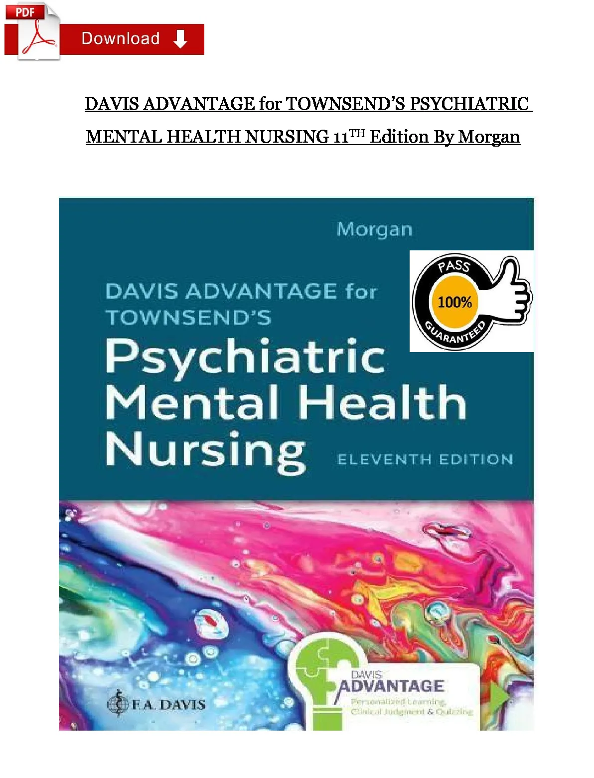 Test Bank for Davis Advantage for Townsend’s Psychiatric Mental Health Nursing, 11th Edition by Morgan