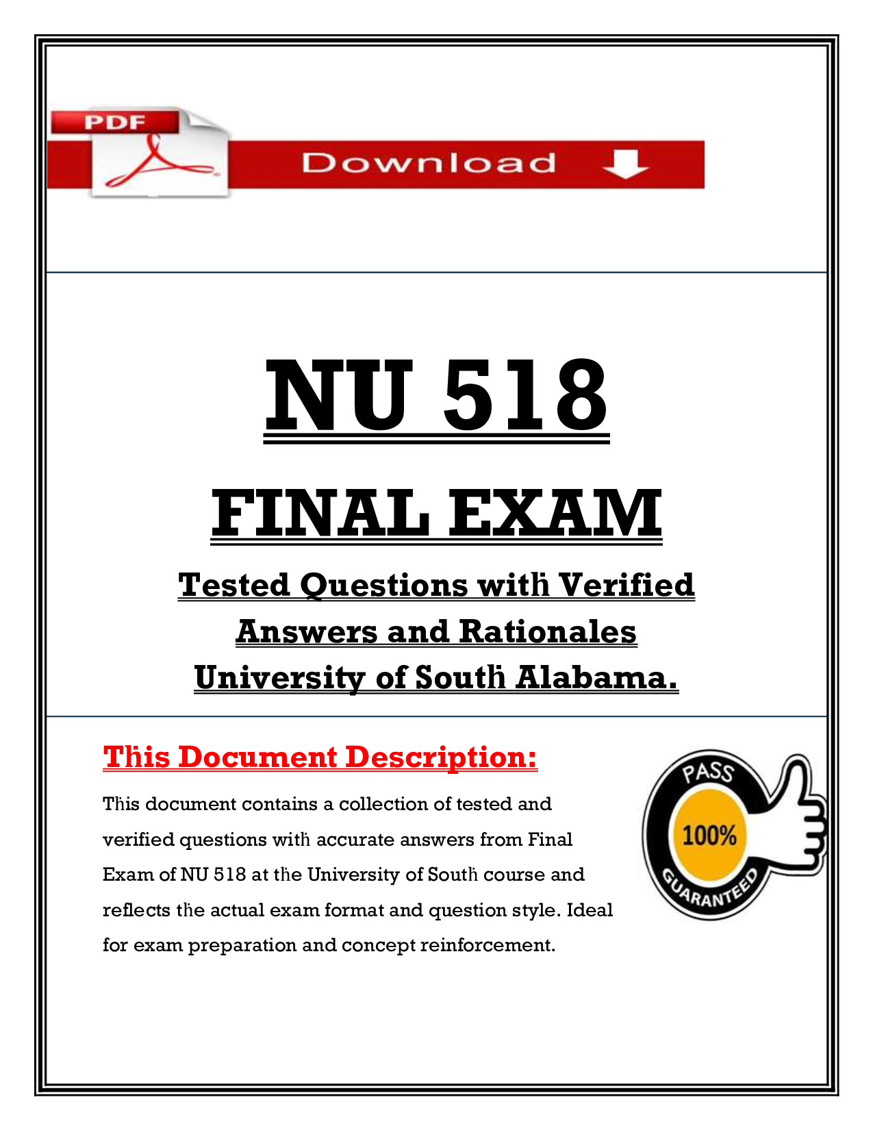 NU 518 Final Exam (2026/2027) / Advanced Nursing Assessment / University of South Alabama (PDF)