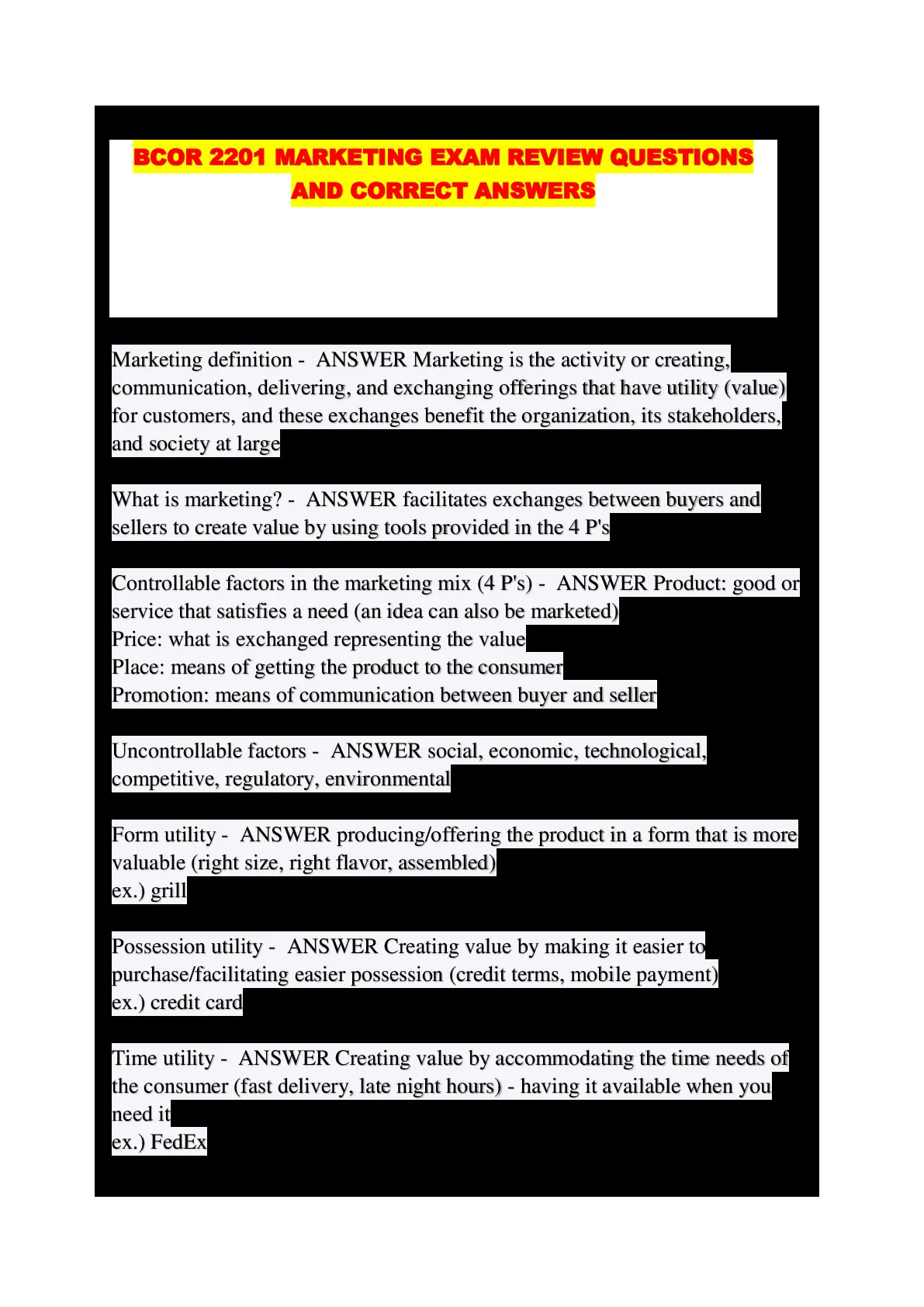 BCOR 2201 MARKETING EXAM REVIEW QUESTIONS AND CORRECT ANSWERS