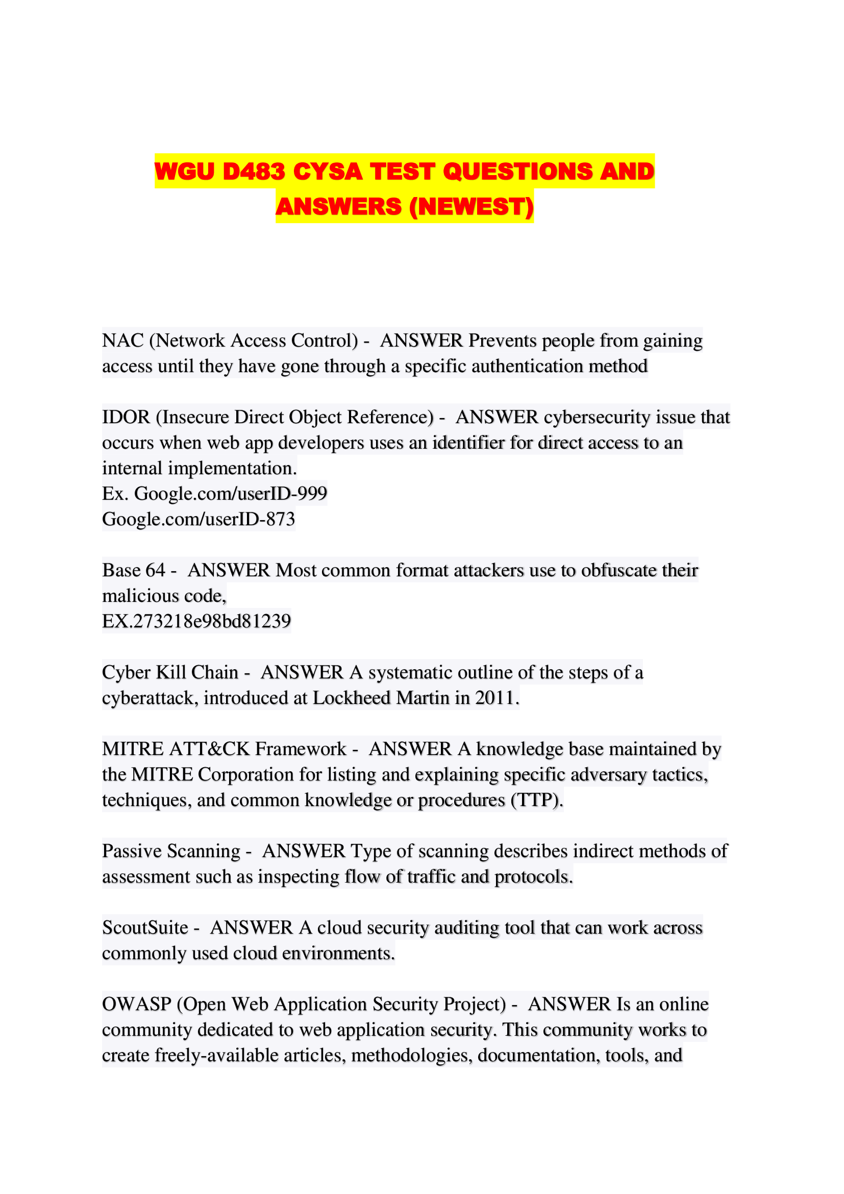 WGU D483 CYSA TEST QUESTIONS AND ANSWERS (NEWEST)