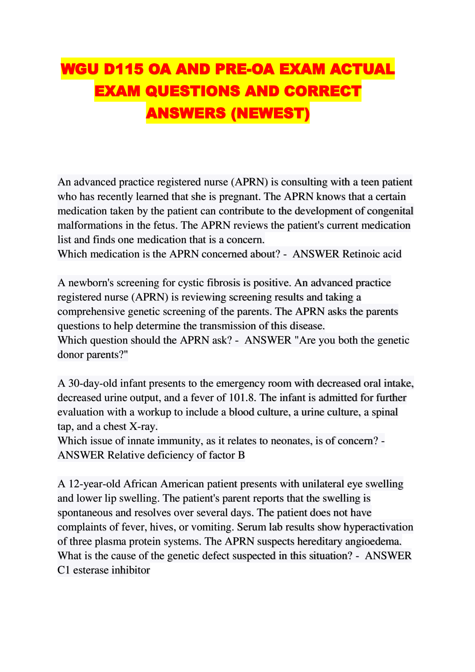 WGU D115 OA AND PRE-OA EXAM ACTUAL EXAM QUESTIONS AND CORRECT ANSWERS (NEWEST)