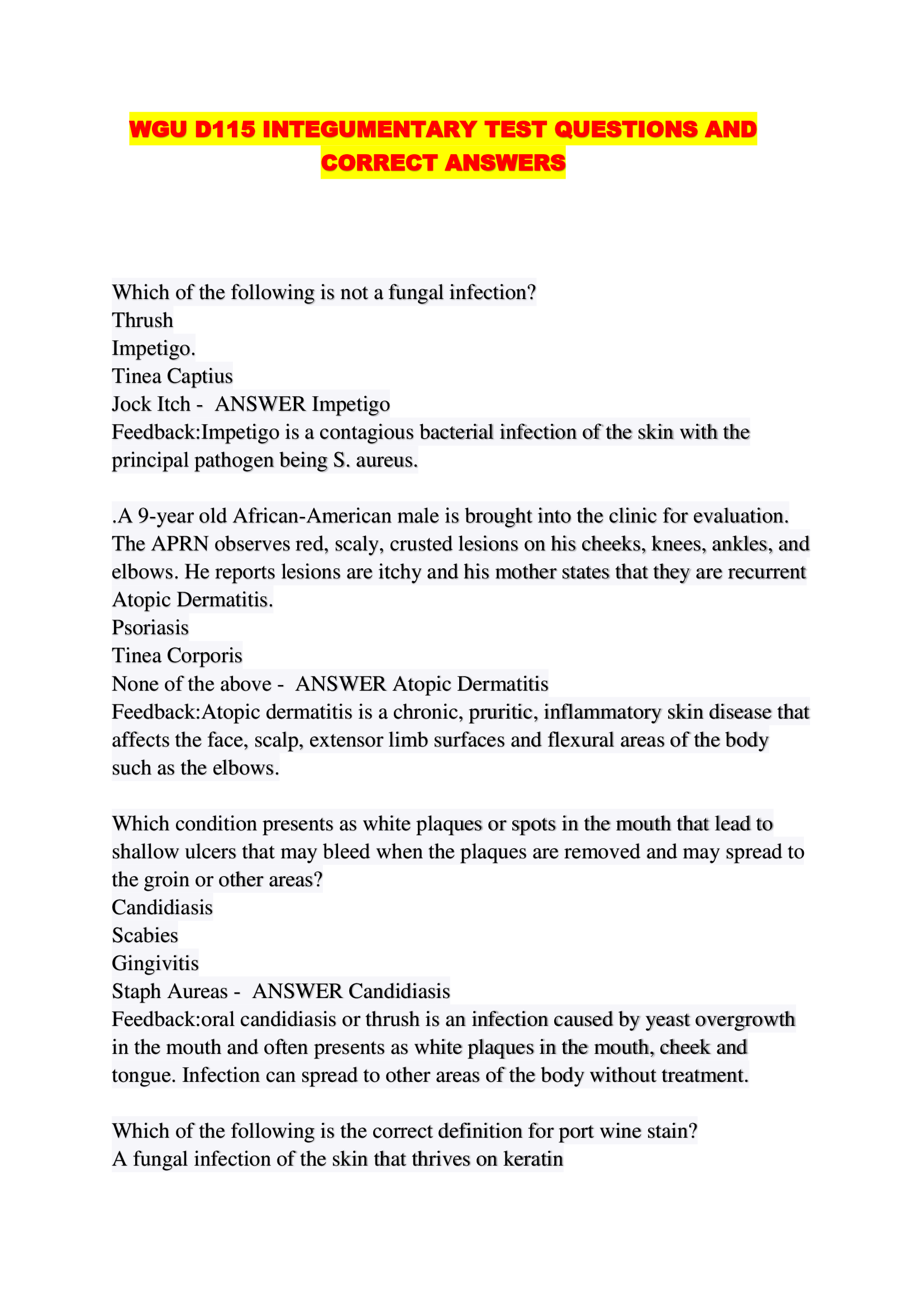 WGU D115 INTEGUMENTARY TEST QUESTIONS AND CORRECT ANSWERS