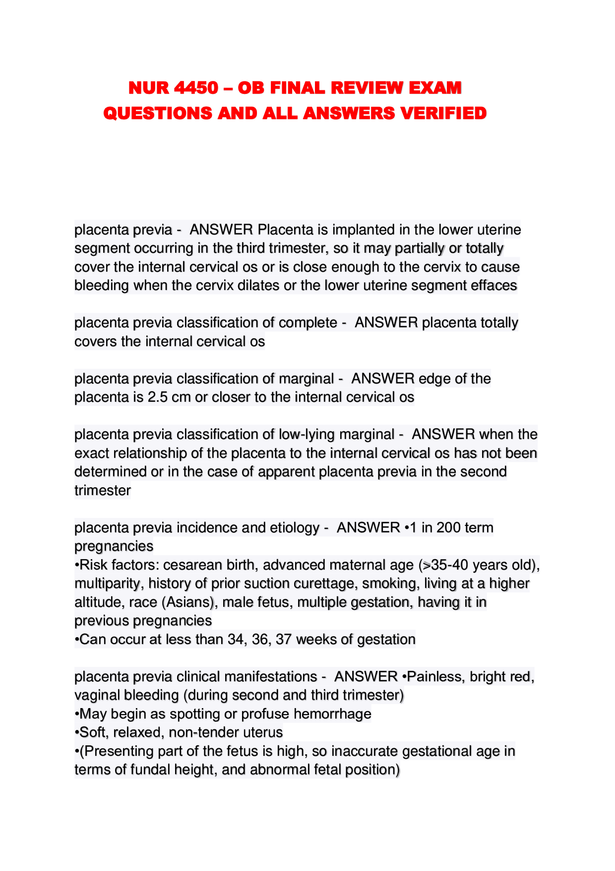 NUR 4450 – OB FINAL REVIEW EXAM QUESTIONS AND ALL ANSWERS VERIFIED