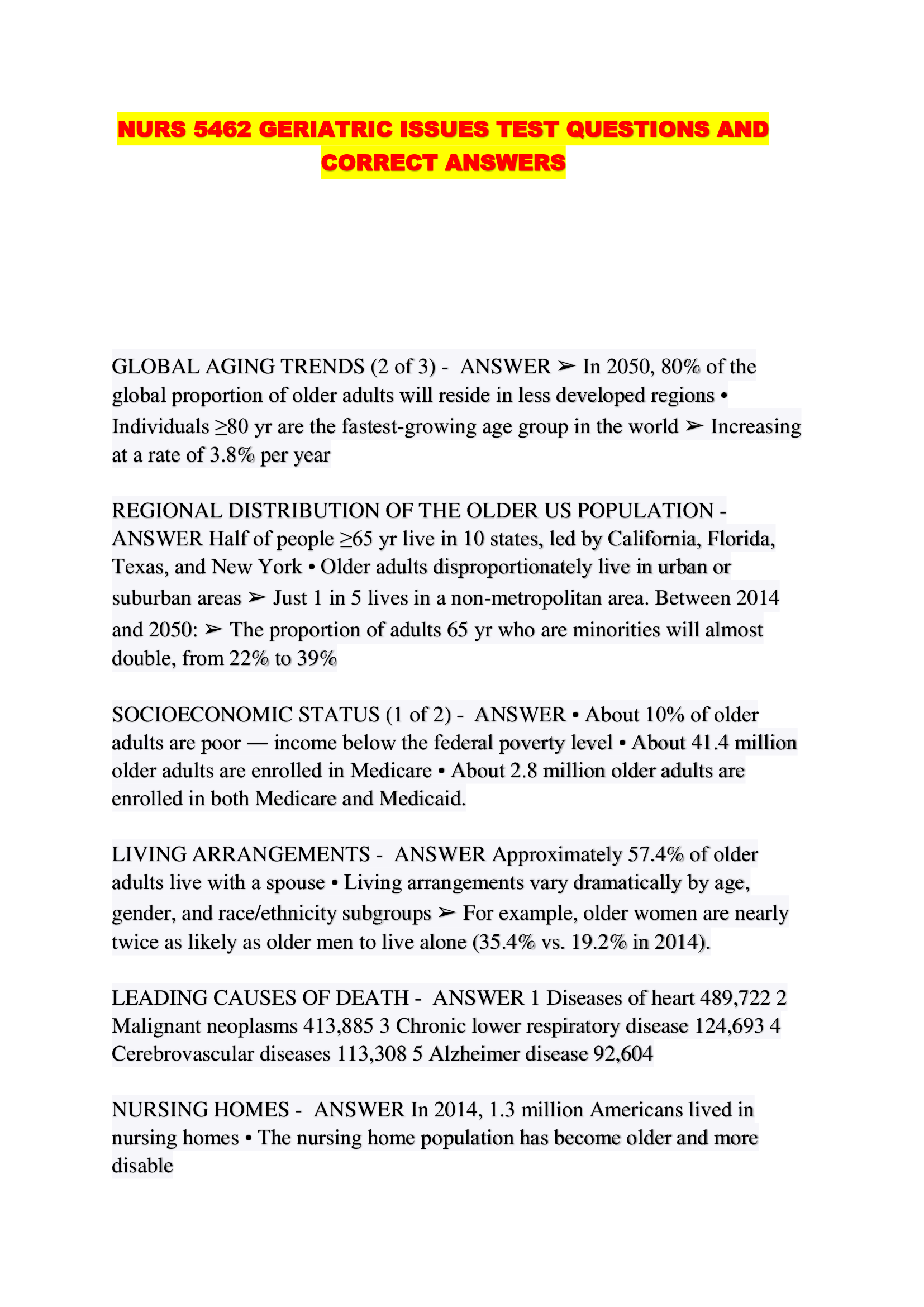 NURS 5462 GERIATRIC ISSUES TEST QUESTIONS AND CORRECT ANSWERS