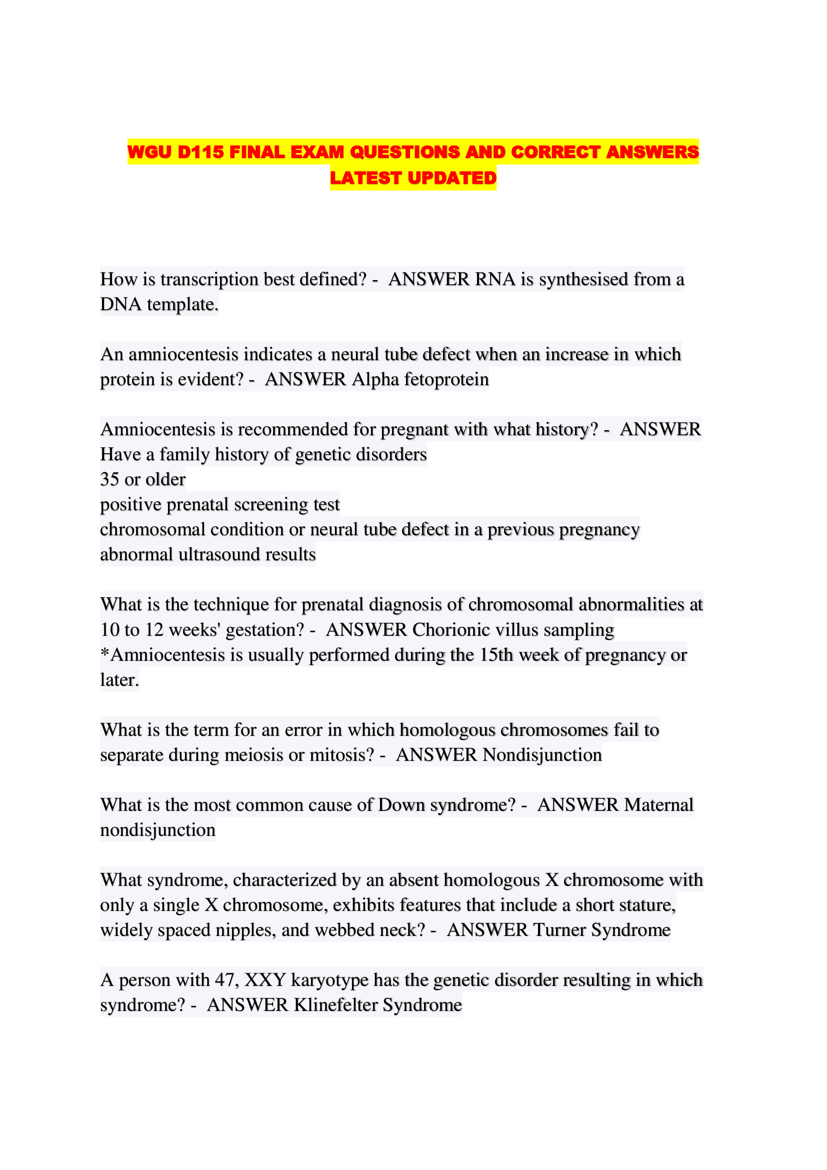 WGU D115 FINAL EXAM QUESTIONS AND CORRECT ANSWERS LATEST UPDATED