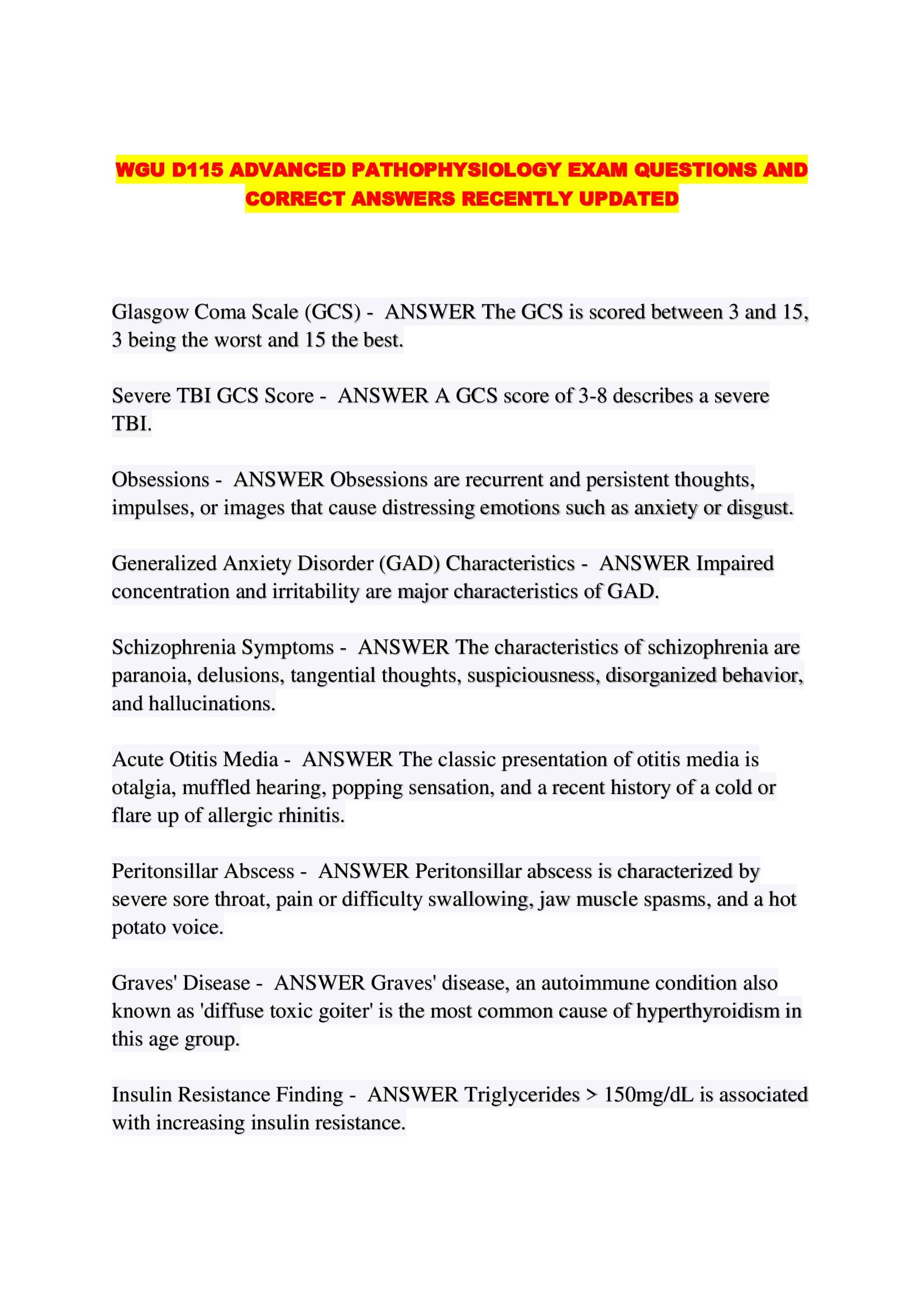 WGU D115 ADVANCED PATHOPHYSIOLOGY EXAM QUESTIONS AND CORRECT ANSWERS RECENTLY UPDATED