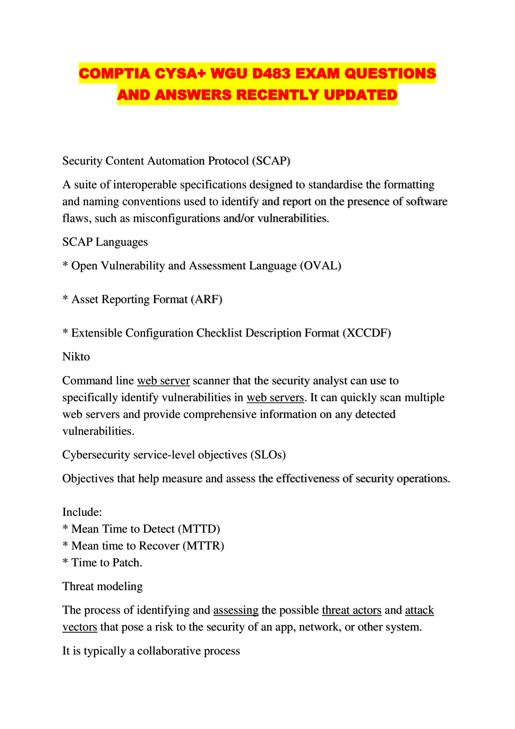 COMPTIA CYSA+ WGU D483 EXAM QUESTIONS AND ANSWERS RECENTLY UPDATED