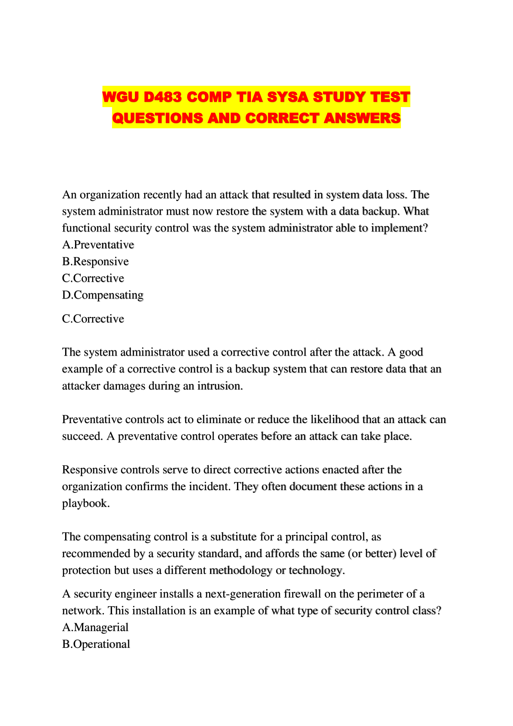 WGU D483 COMP TIA SYSA STUDY TEST QUESTIONS AND CORRECT ANSWERS