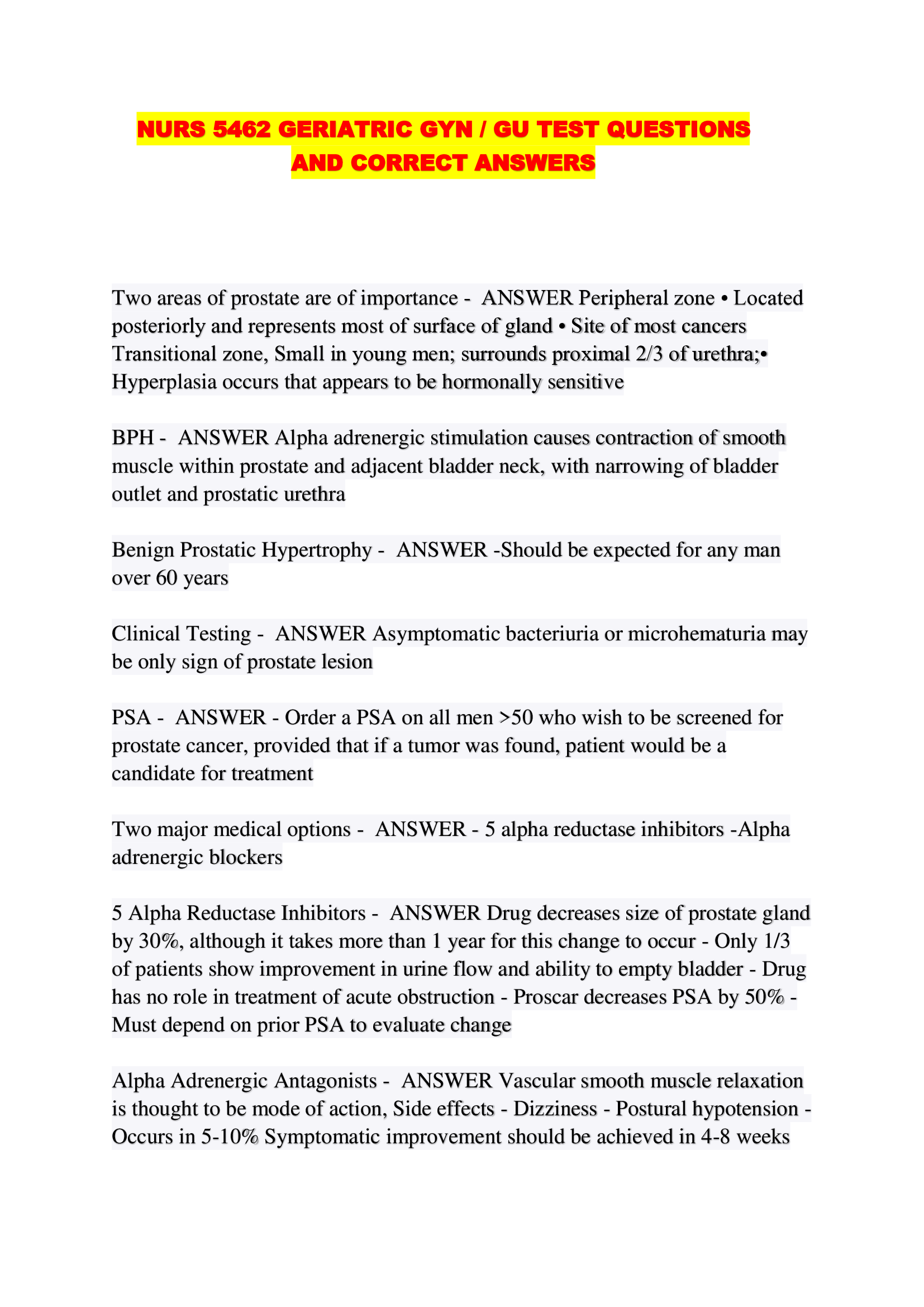 NURS 5462 GERIATRIC GYN / GU TEST QUESTIONS AND CORRECT ANSWERS