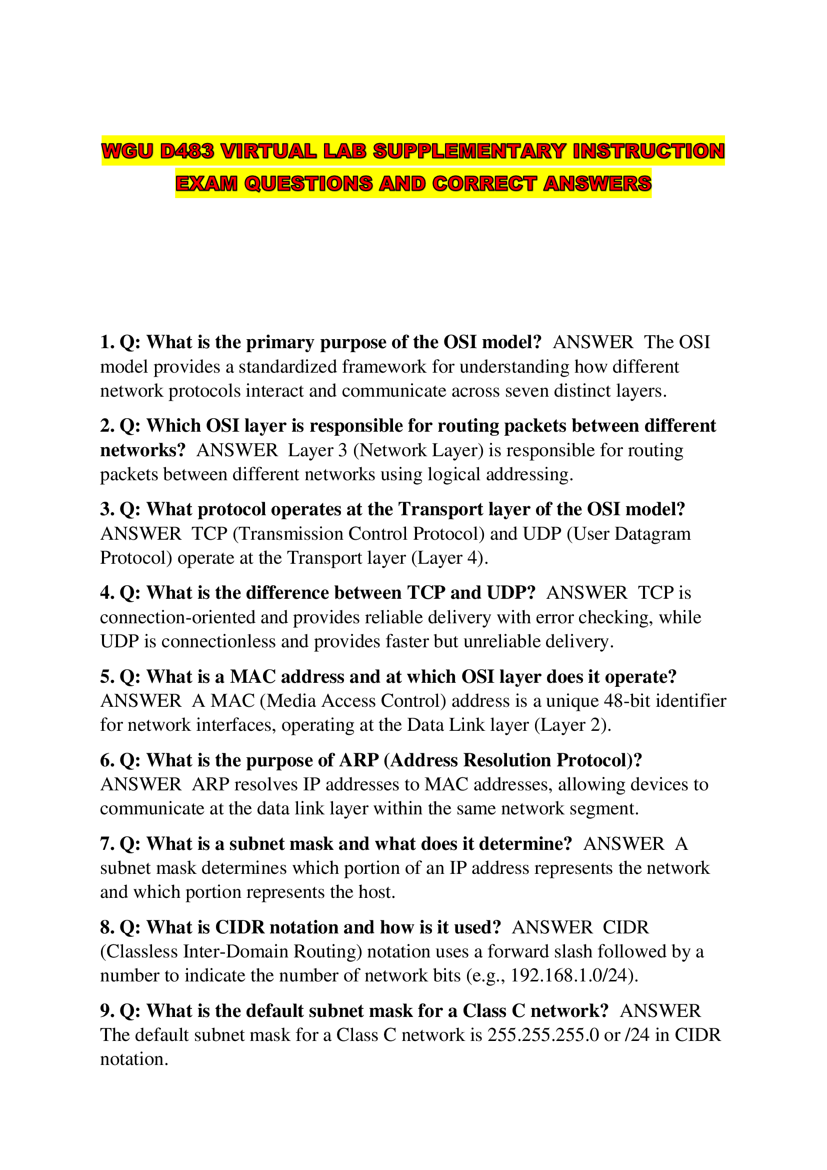 WGU D483 VIRTUAL LAB SUPPLEMENTARY INSTRUCTION EXAM QUESTIONS AND CORRECT ANSWERS