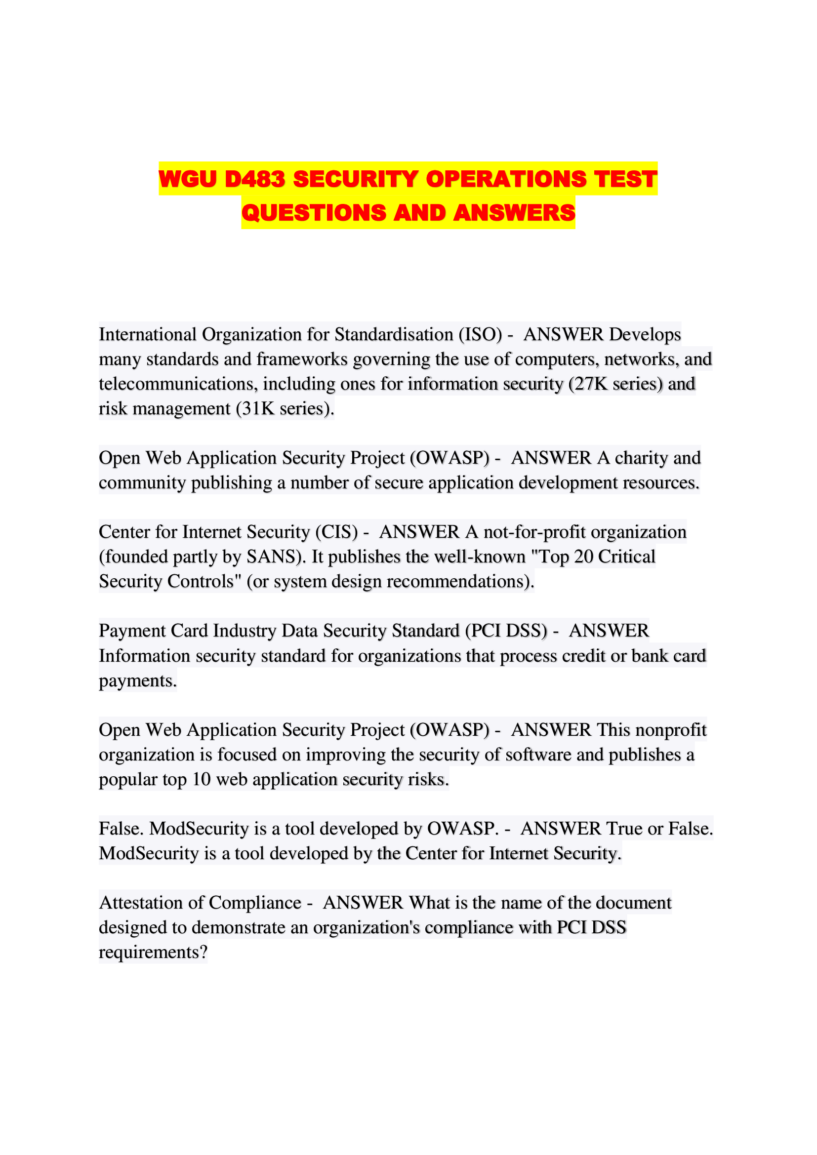 WGU D483 SECURITY OPERATIONS TEST QUESTIONS AND ANSWERS