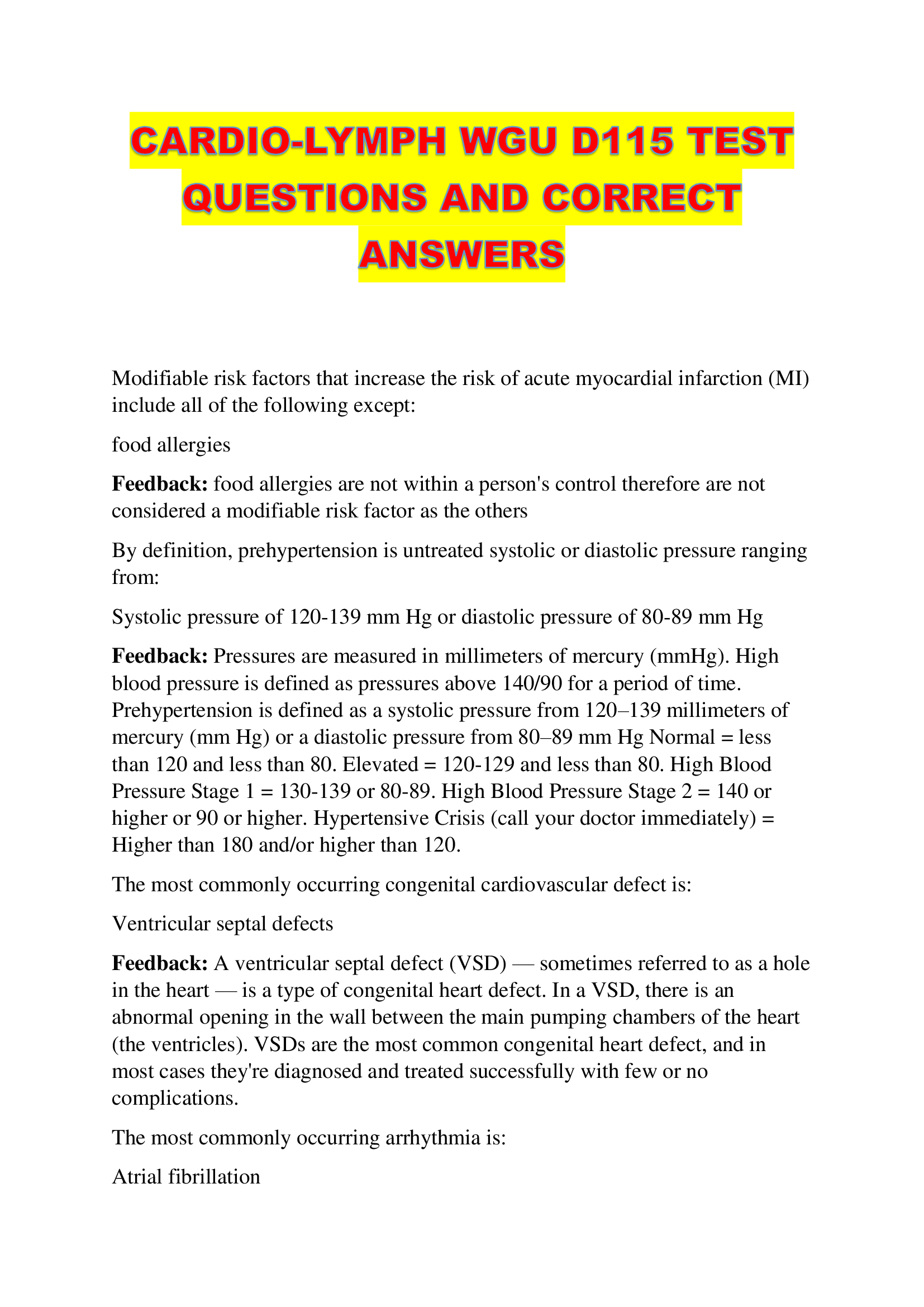 CARDIO-LYMPH WGU D115 TEST QUESTIONS AND CORRECT ANSWERS