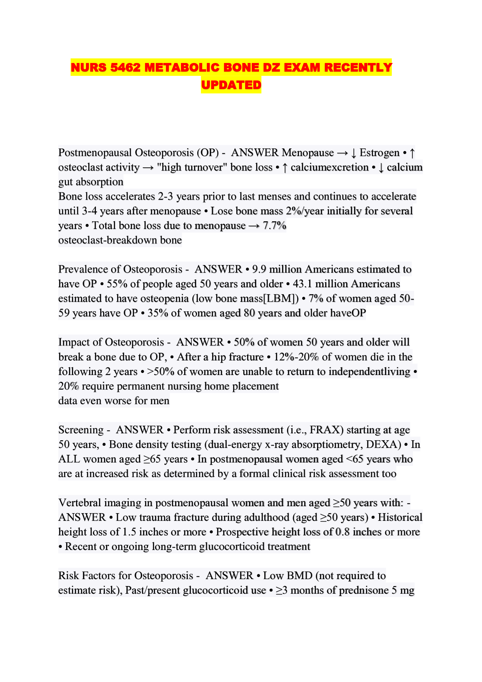 NURS 5462 METABOLIC BONE DZ EXAM RECENTLY UPDATED