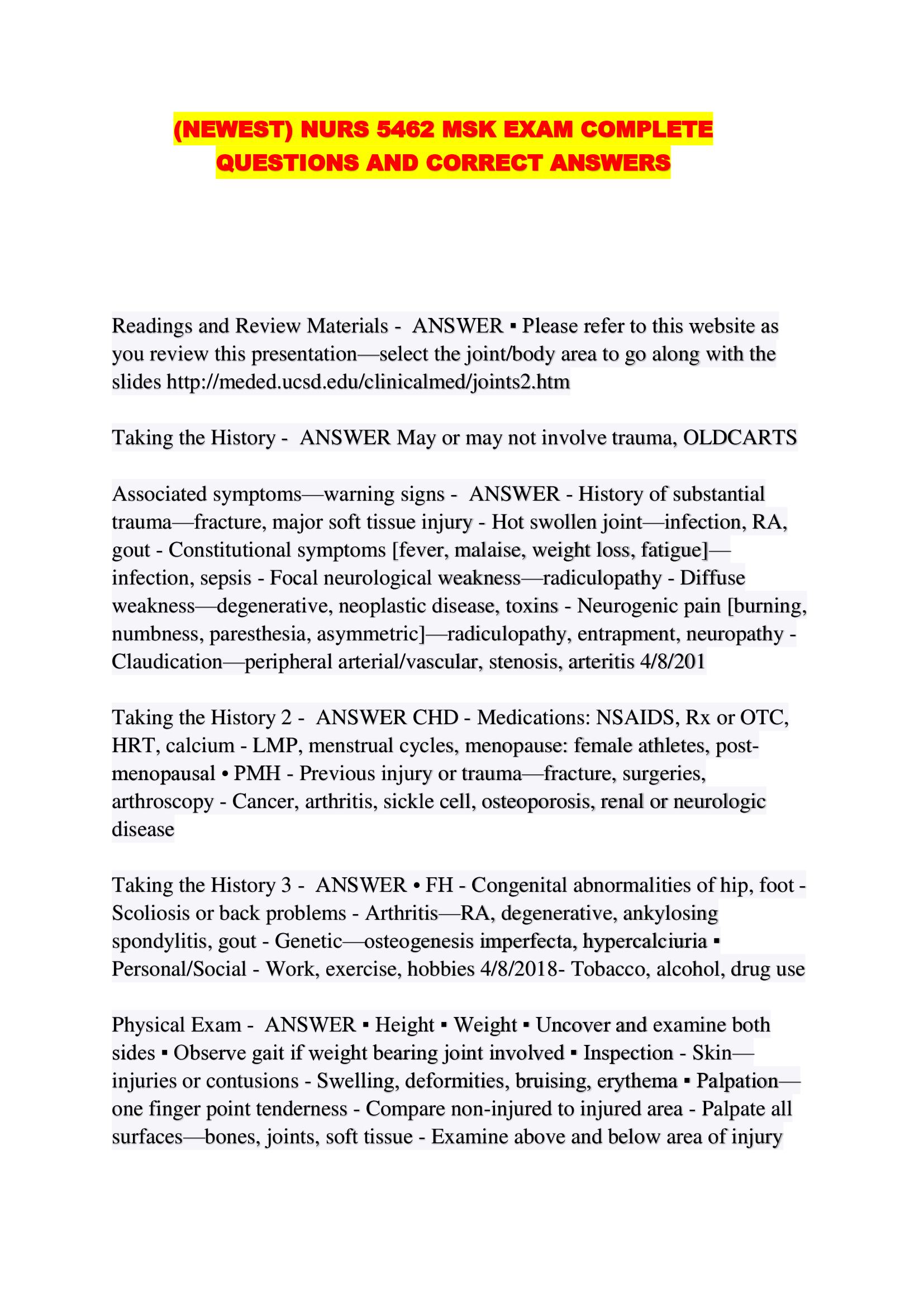NEWEST) NURS 5462 MSK EXAM COMPLETE QUESTIONS AND CORRECT ANSWERS