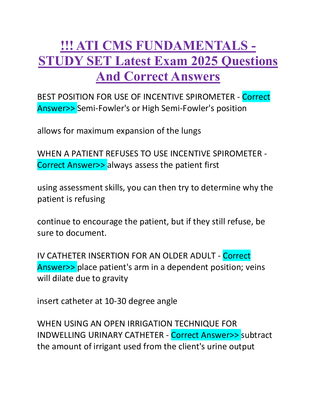!!! ATI CMS FUNDAMENTALS -  STUDY SET Latest Exam 2025 Questions  And Correct Answers