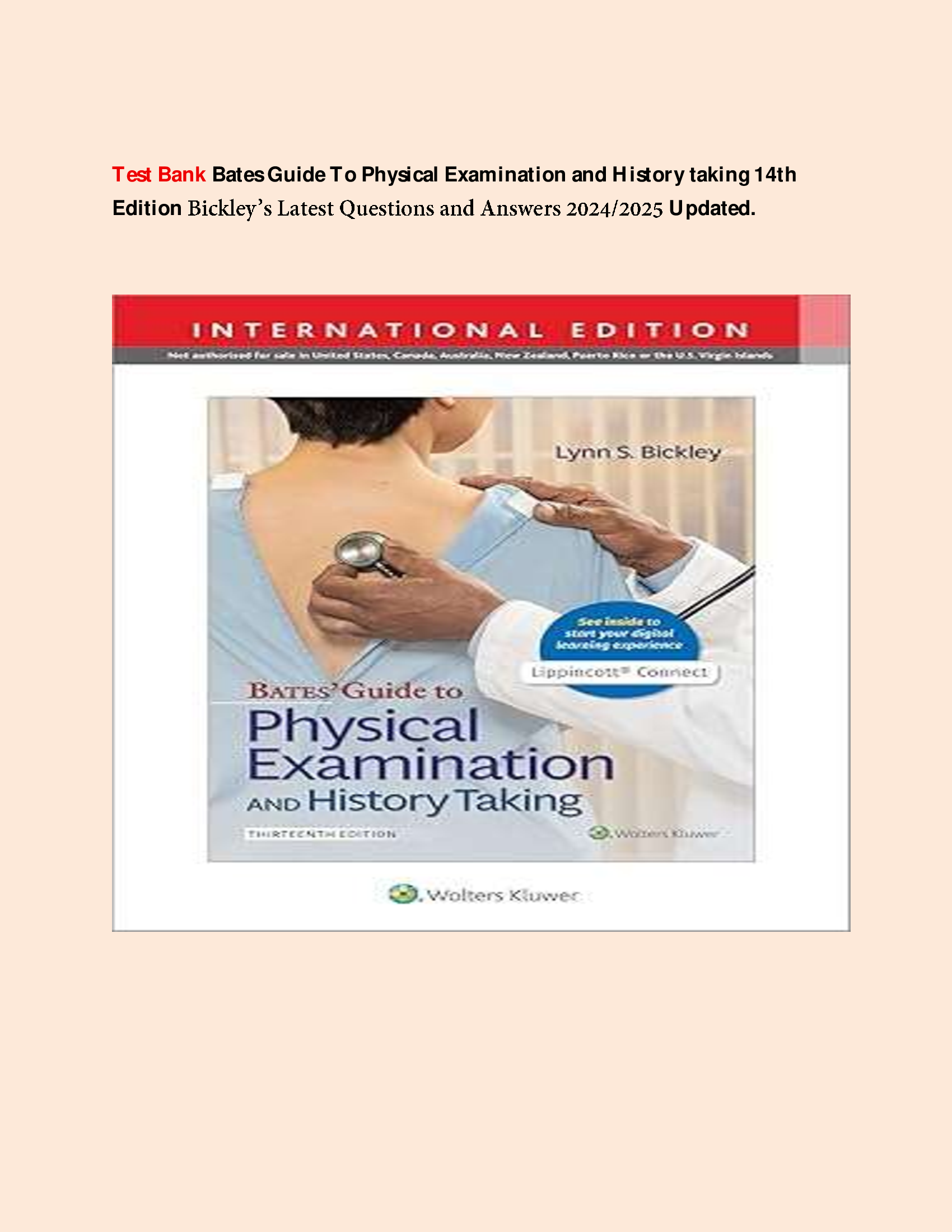 Test Bank Bates Guide To Physical Examination and History taking 14th Edition Bickley’s Latest Questions and Answers 2025/2026 Updated.