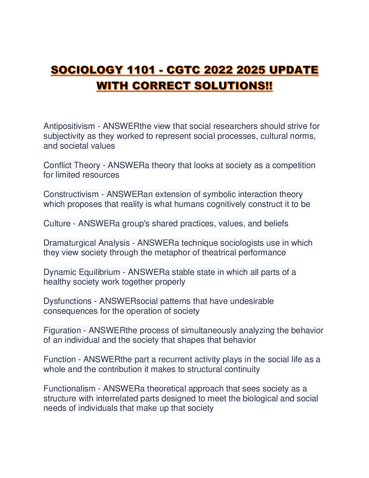 SOCIOLOGY 1101 - CGTC 2022 2026 UPDATE WITH CORRECT SOLUTIONS!!