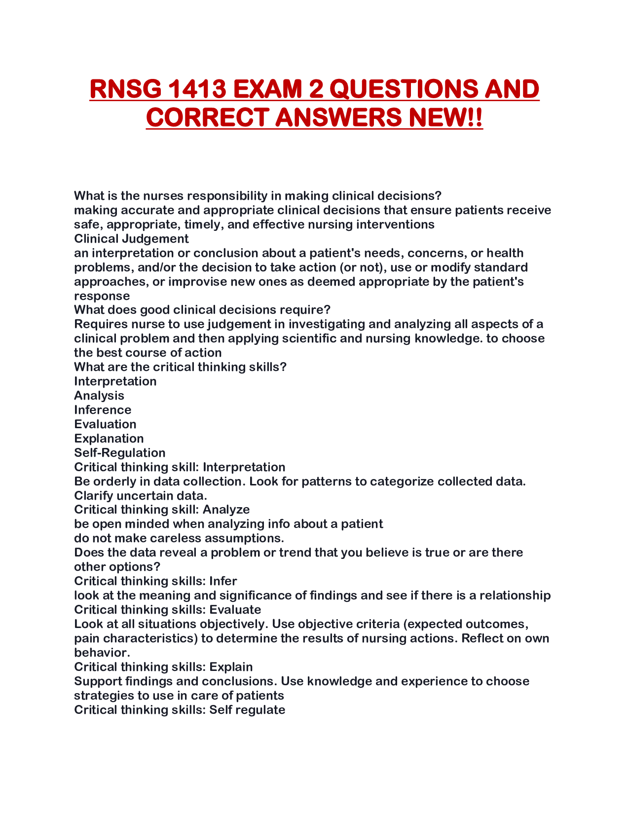 RNSG 1413 EXAM 2 QUESTIONS AND CORRECT ANSWERS NEW!!