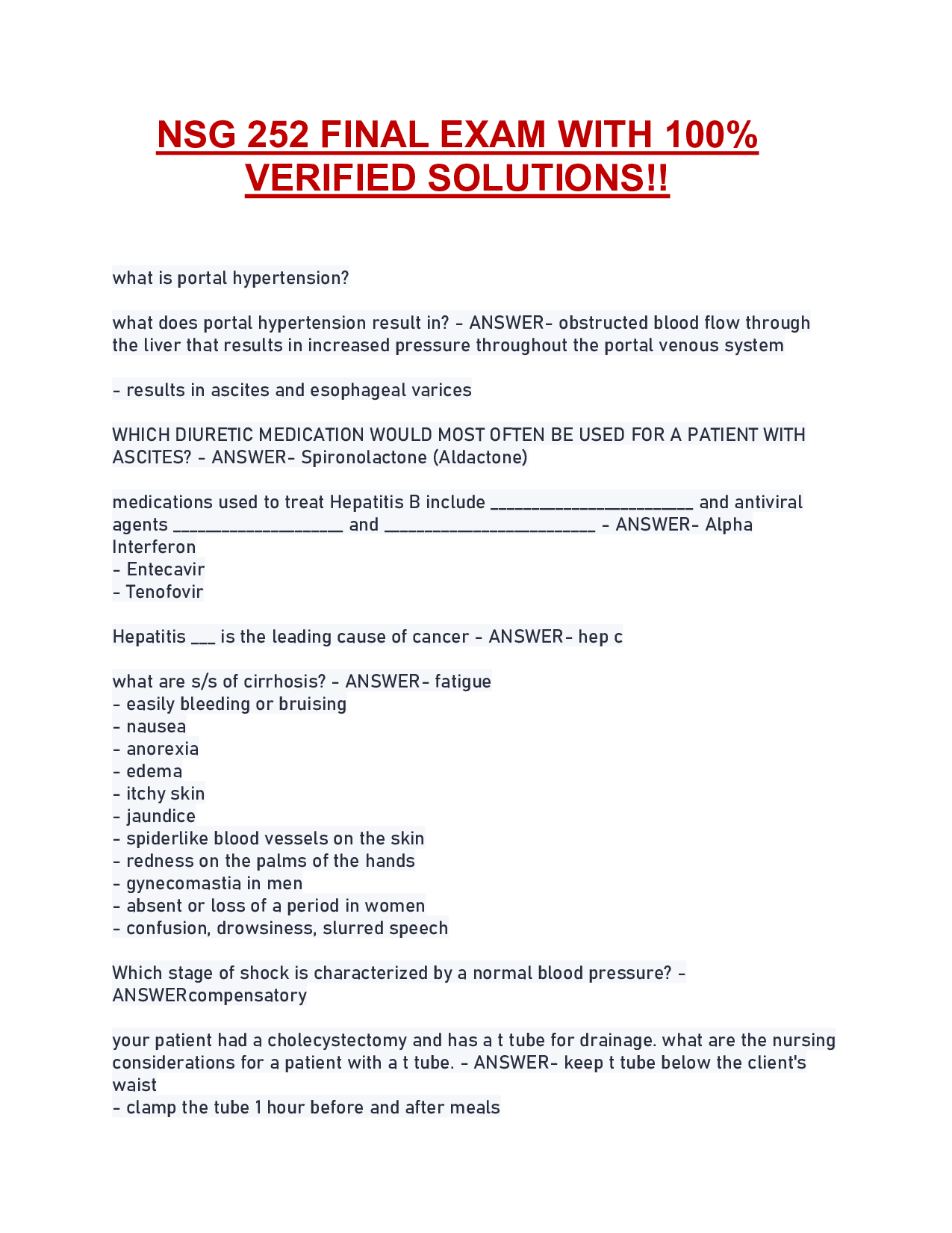 NSG 252 FINAL EXAM WITH 100% VERIFIED SOLUTIONS!!