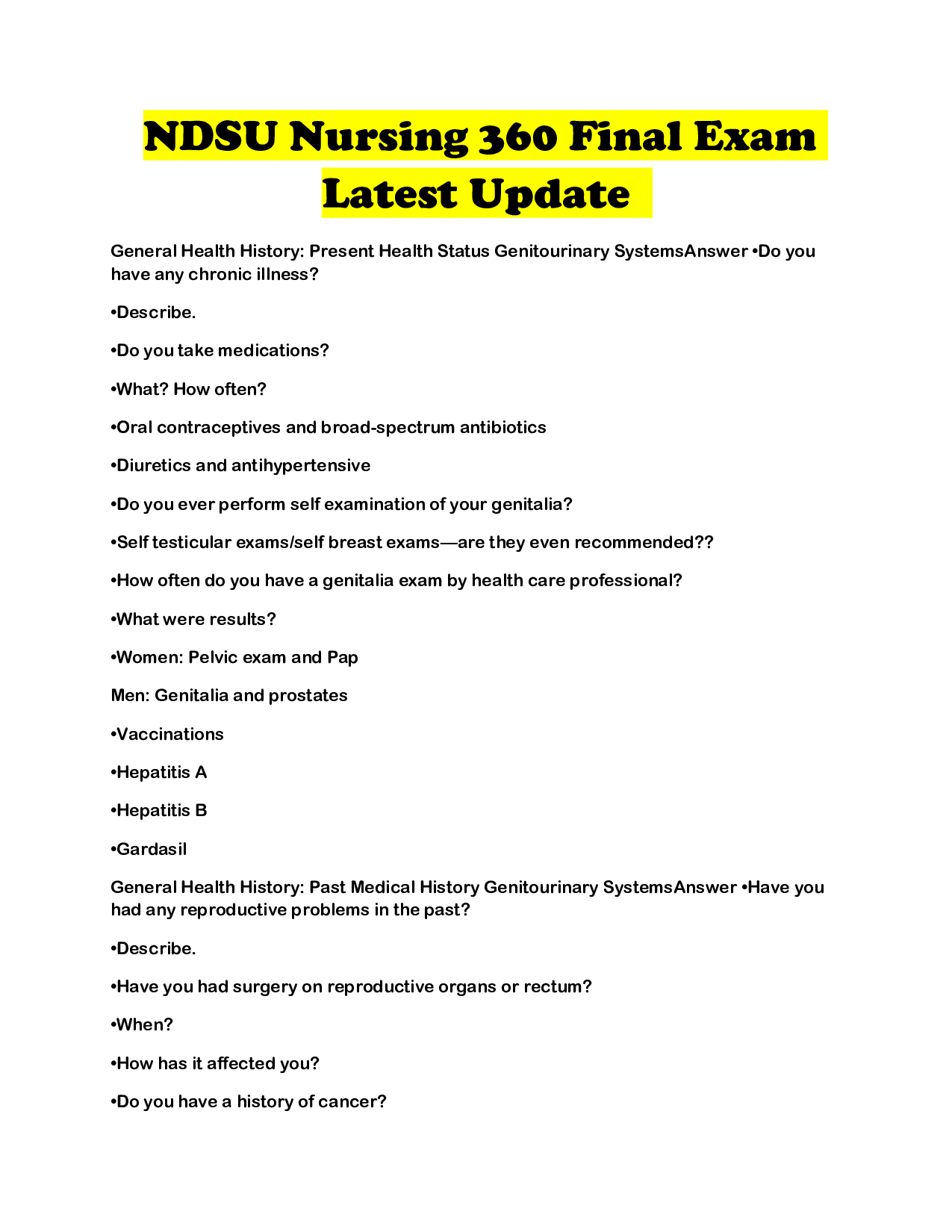 NDSU Nursing 360 Final Exam Latest Update