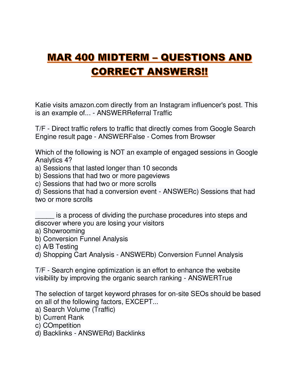 MAR 400 MIDTERM – QUESTIONS AND CORRECT ANSWERS!!