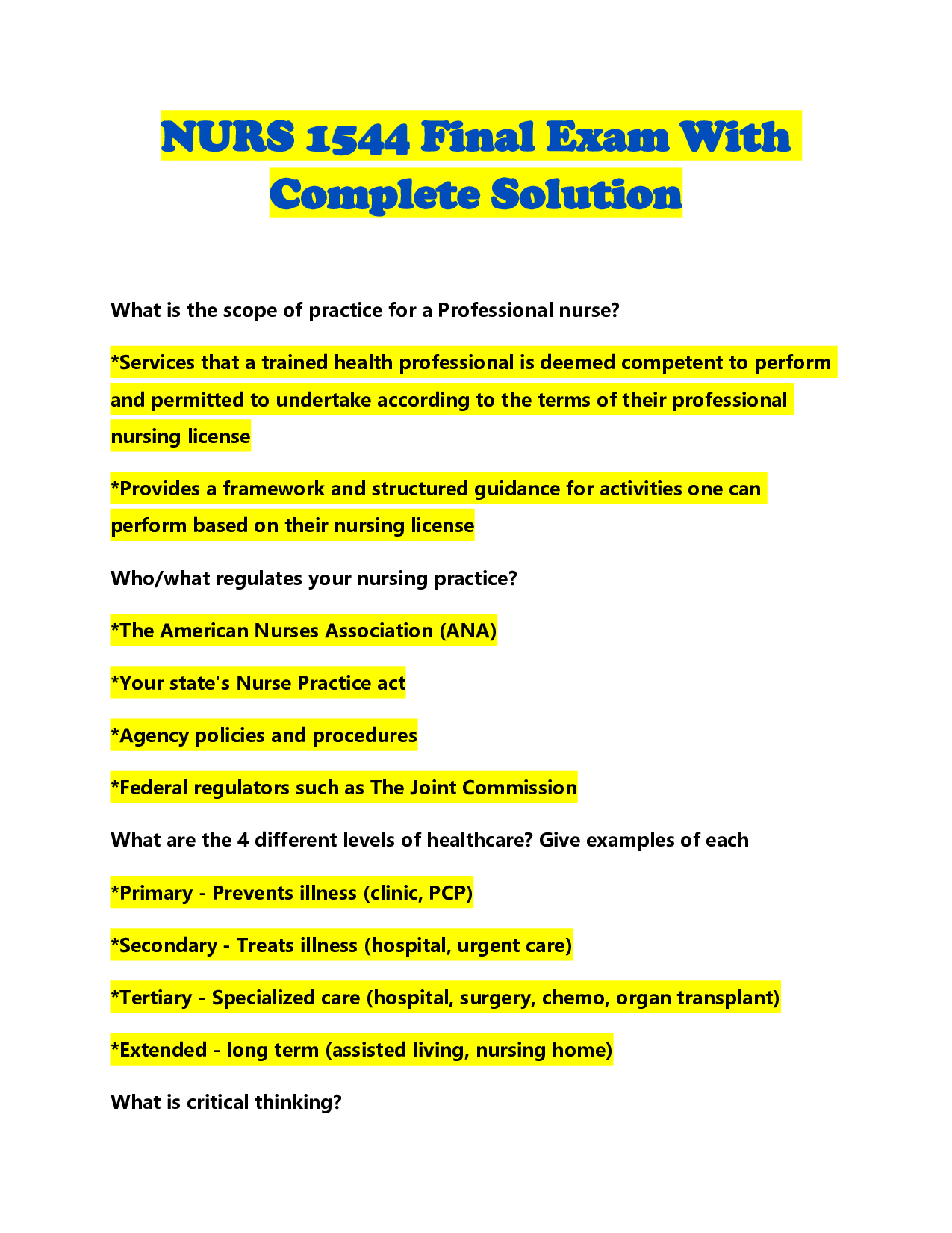 NURS 1544 Final Exam With Complete Solution