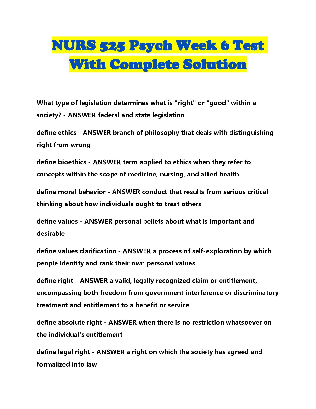NURS 525 Psych Week 6 Test With Complete Solution