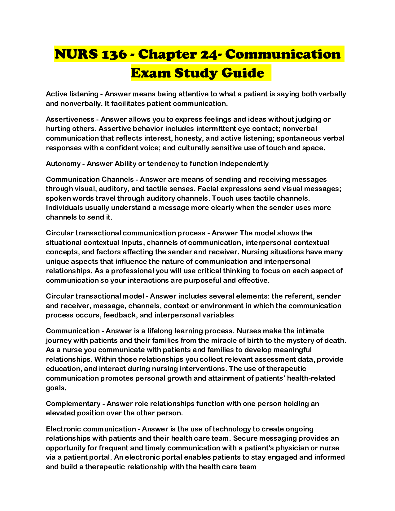 NURS 136 - Chapter 24- Communication Exam Study Guide