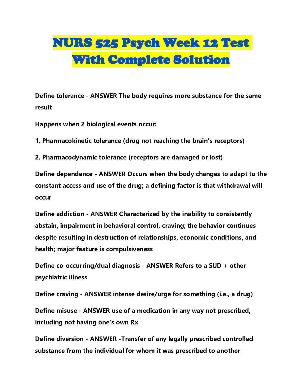 NURS 525 Psych Week 12 Test With Complete Solution