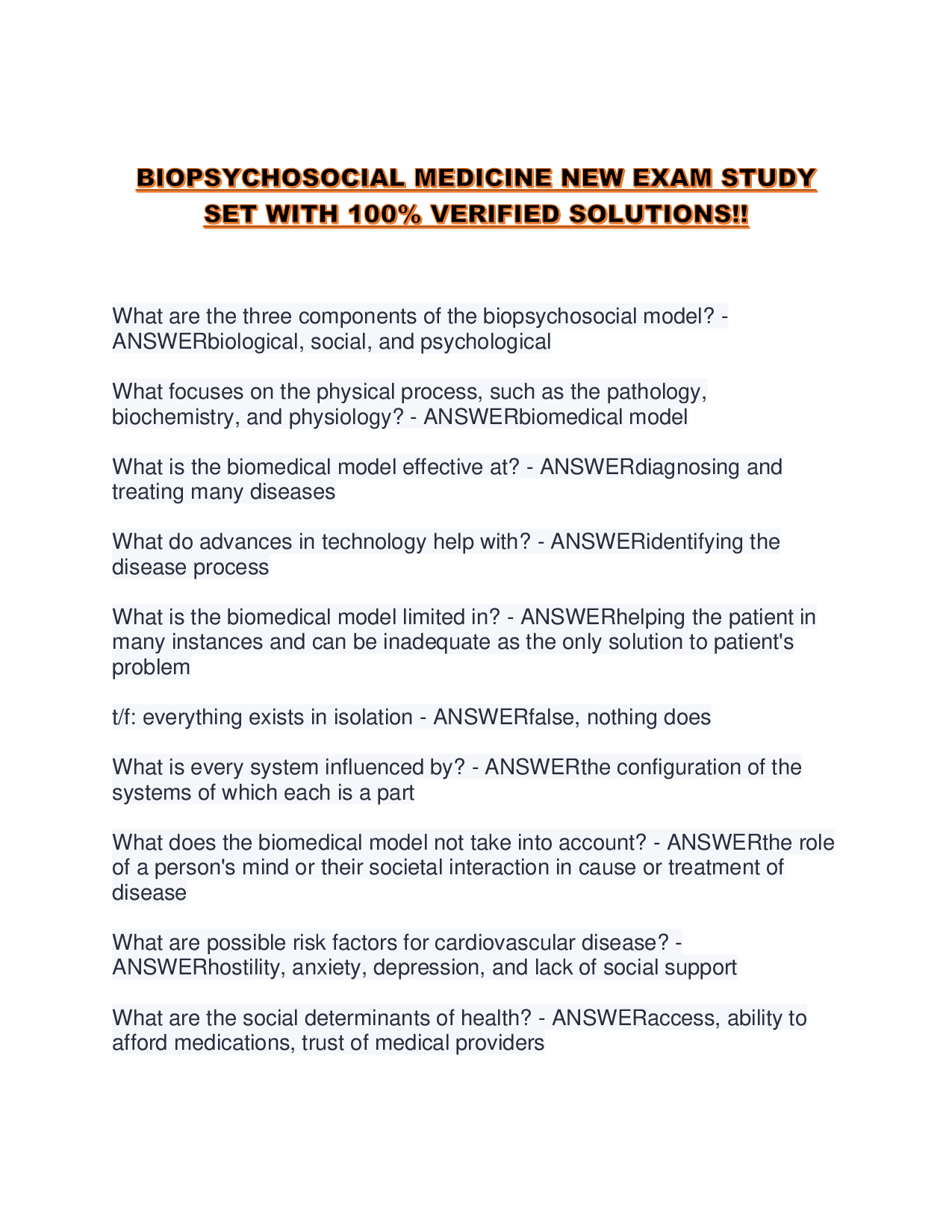 BIOPSYCHOSOCIAL MEDICINE NEW EXAM STUDY SET WITH 100% VERIFIED SOLUTIONS!!
