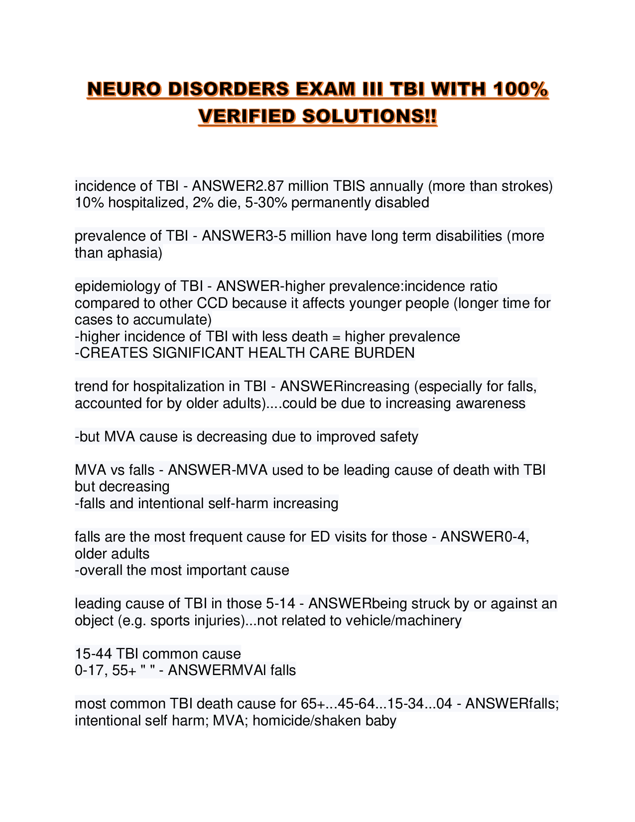 NEURO DISORDERS EXAM III TBI WITH 100% VERIFIED SOLUTIONS!!