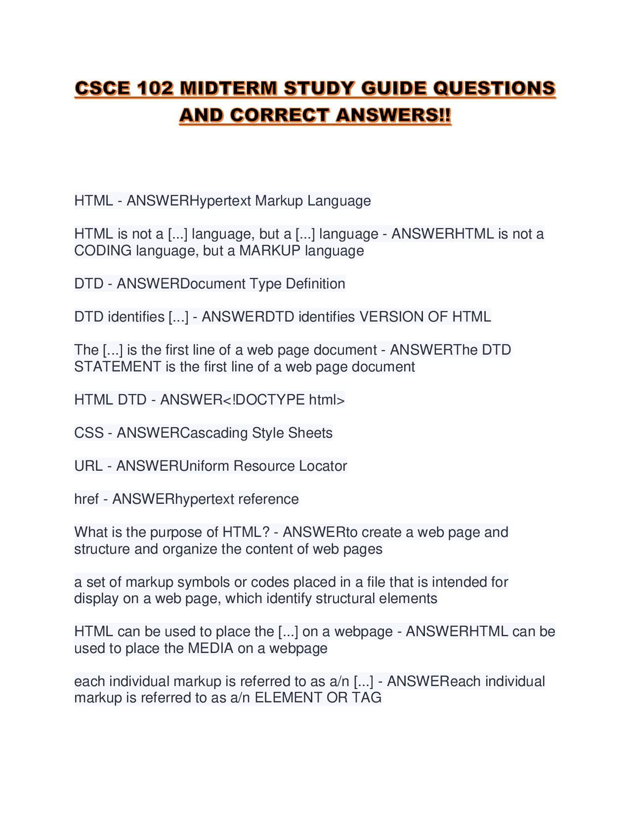 CSCE 102 MIDTERM STUDY GUIDE QUESTIONS AND CORRECT ANSWERS!!