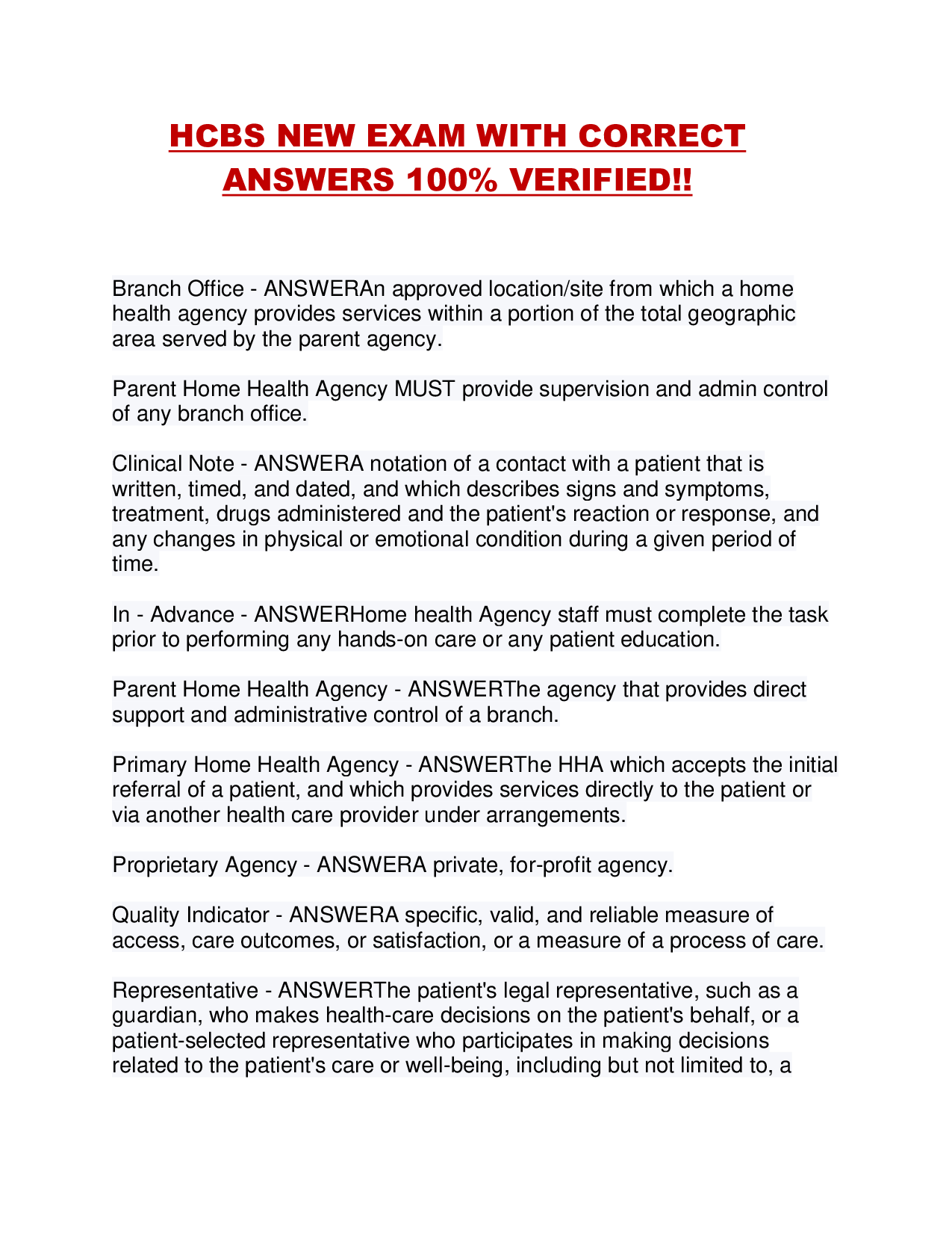 HCBS NEW EXAM WITH CORRECT ANSWERS 100% VERIFIED!!