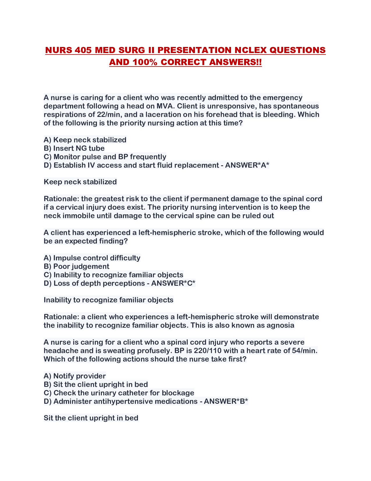 NURS 405 MED SURG II PRESENTATION NCLEX QUESTIONS AND 100% CORRECT ANSWERS!!